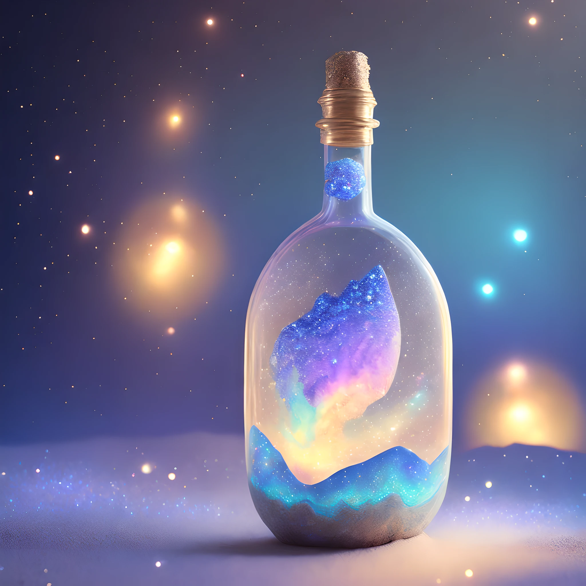 glass bottle sitting on top of a table| a photorealistic painting| pixels| pastels| conceptual art| earth,stars and galaxies| highly detailed perfect render| light effect| modern fantasy| glittering multiversal ornaments| universe in a grain of sand| photo manipulation| beautiful composition