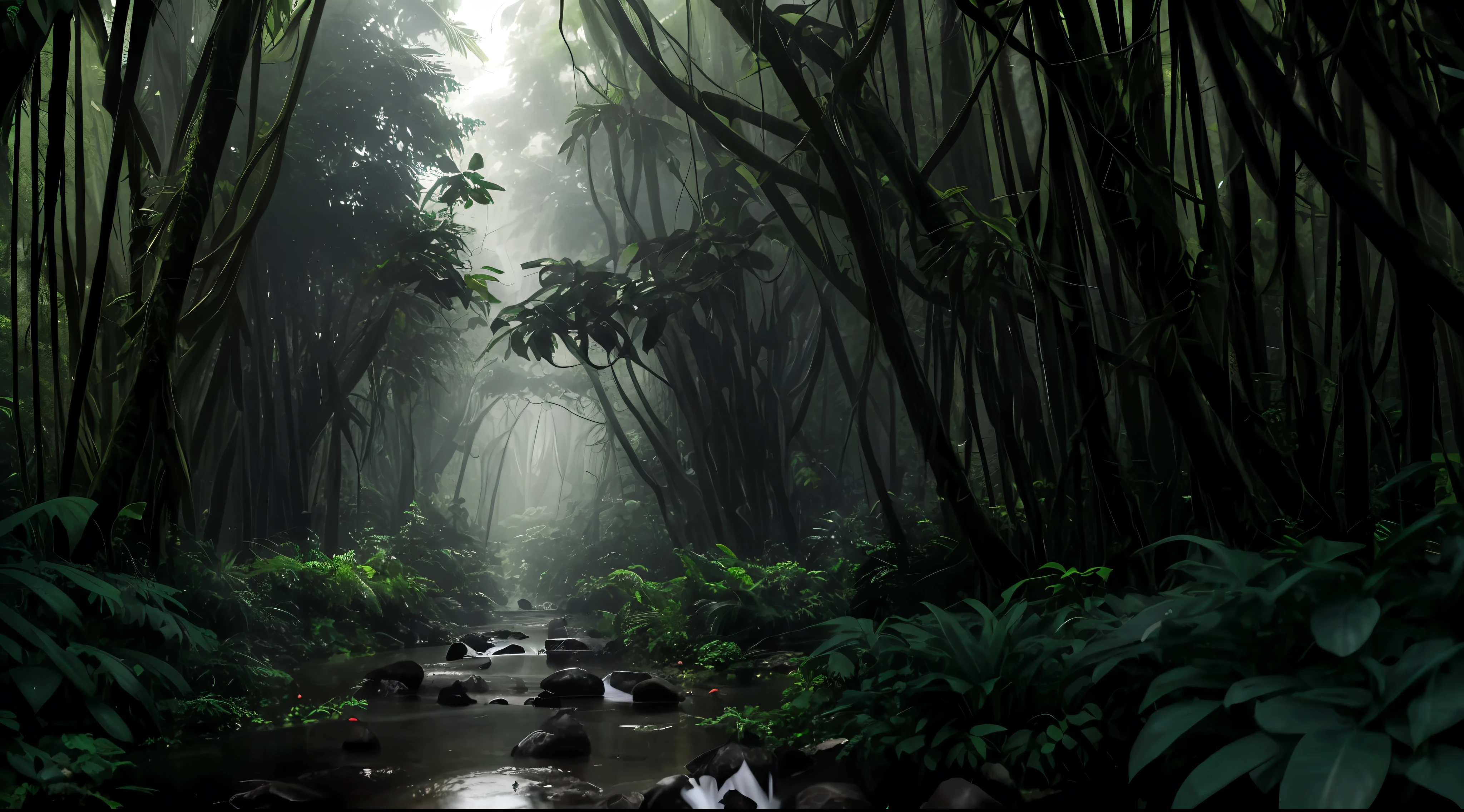 there is a stream running through a forest with lots of trees, eerie jungle, beautiful jungle, foggy jungle, dense jungle, jungle landscape, an alien jungle, deep jungle from another world, fantasy jungle, wet lush jungle landscape, dark jungle, tropical forest, rainforest, lush jungle, beautiful jungle landscape, alien jungle forest, thick jungle, . background: jungle river