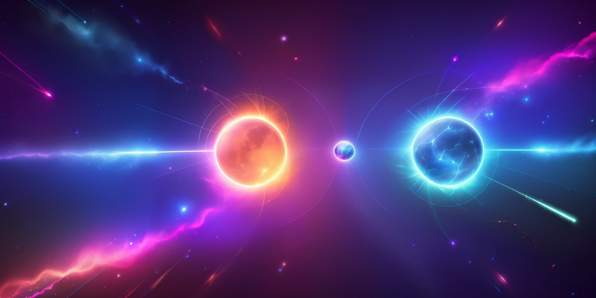 (only two:1.5) glowing balls of astral energy, left and right, connected by electric arcs, particle space background, nebula, amazing wallpaper, above the clouds, quasar, quantum, quarks