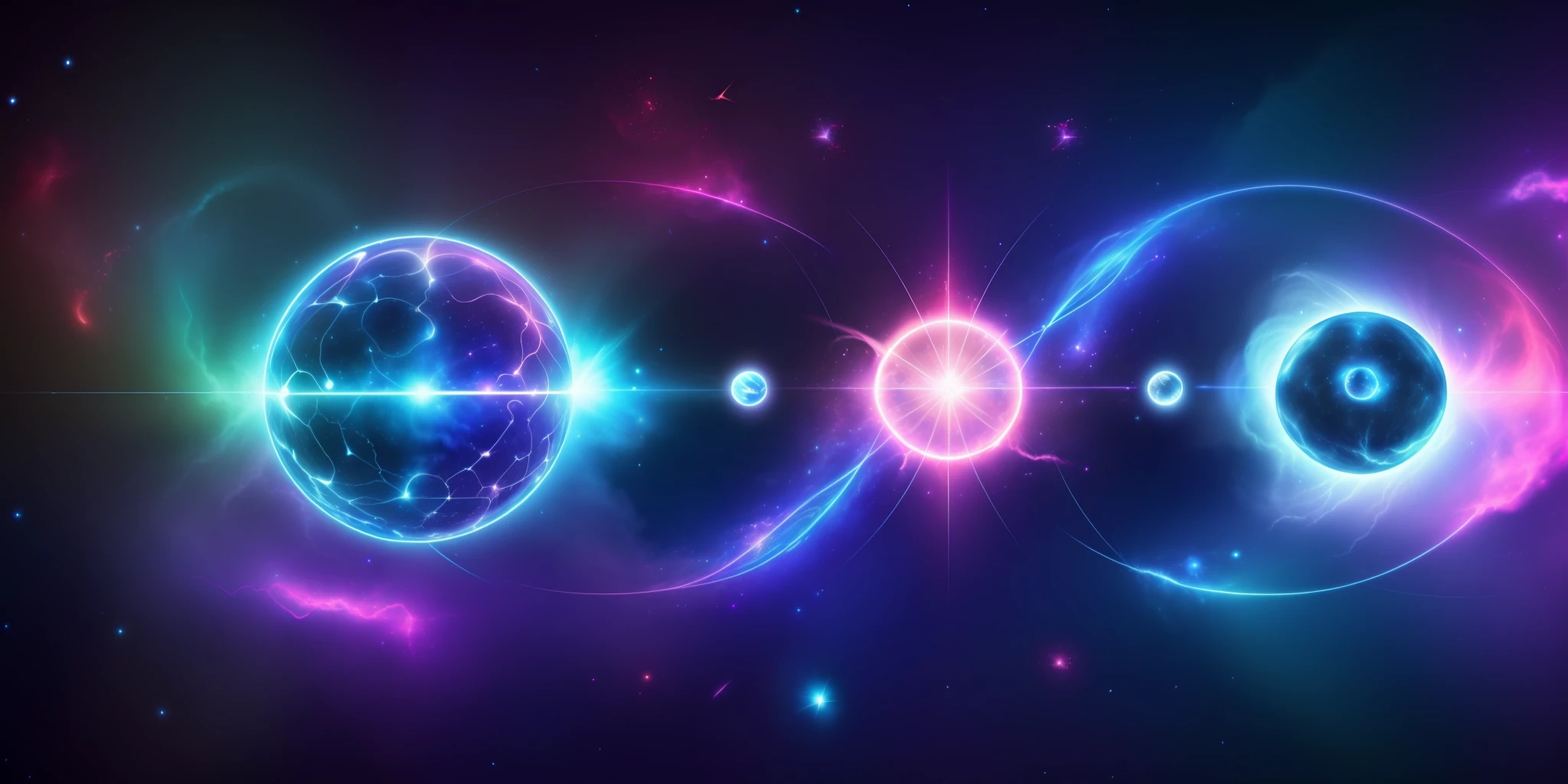 (only two:1.5) glowing balls of astral energy, left and right, connected by electric arcs, particle space background, nebula, amazing wallpaper, above the clouds, quasar, quantum, quarks
