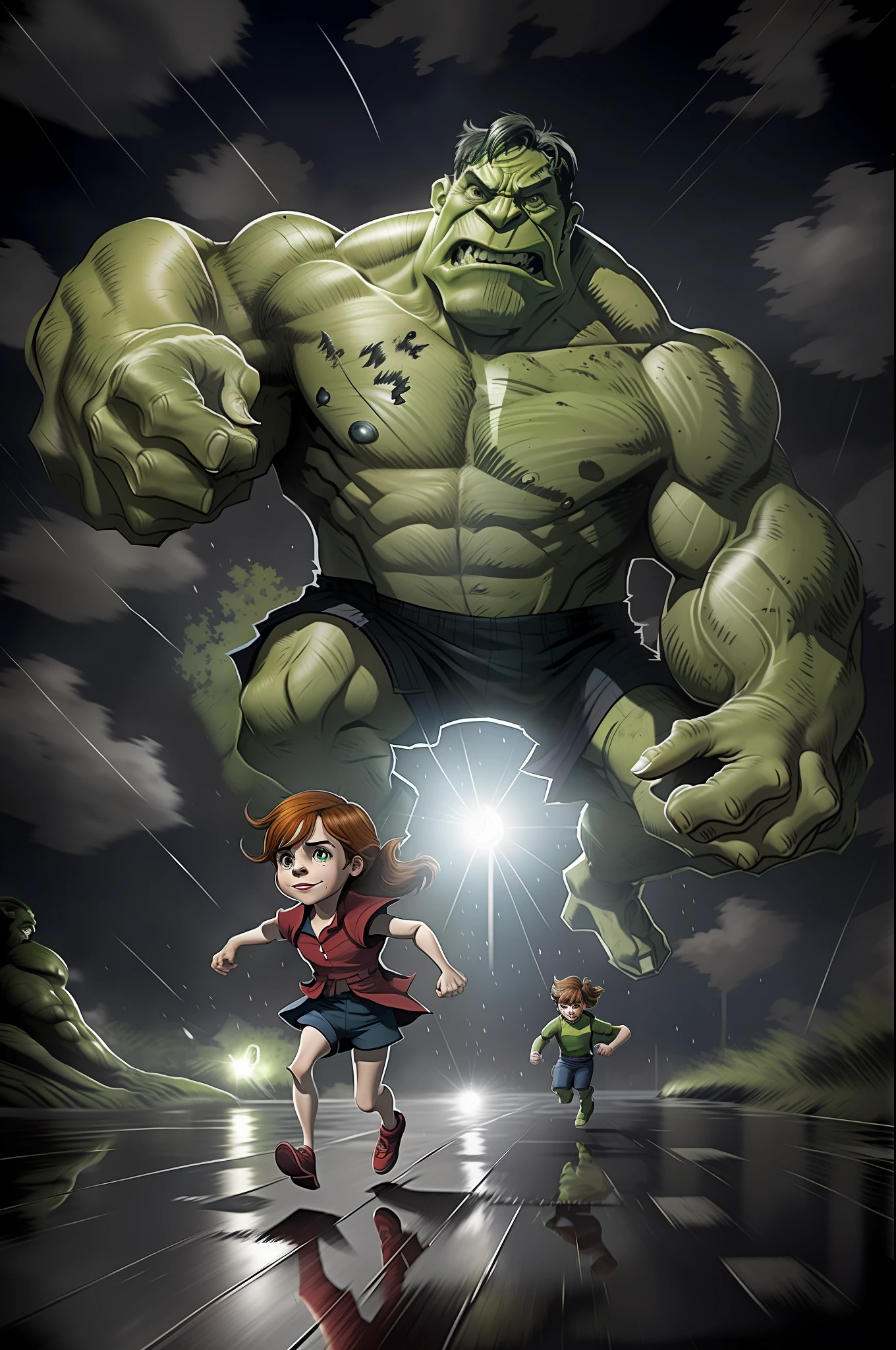 emma watson running away from,((hulk)), night, rain, puddles,depth of field