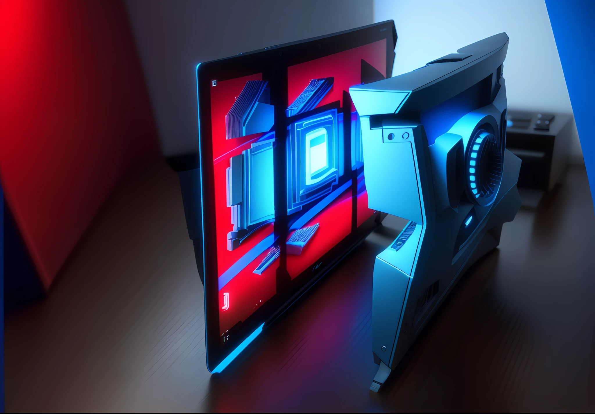 a close up of a computer screen with a blue and red screen, a computer rendering, 2 d depth map, depth map, uv map, photograph of 3d ios room, computer generated, volumetric modelling, a raytraced image, modeled in 3 d, 3d cell shaded, 3 d structure, depicted as a 3 d render, 3d rendered