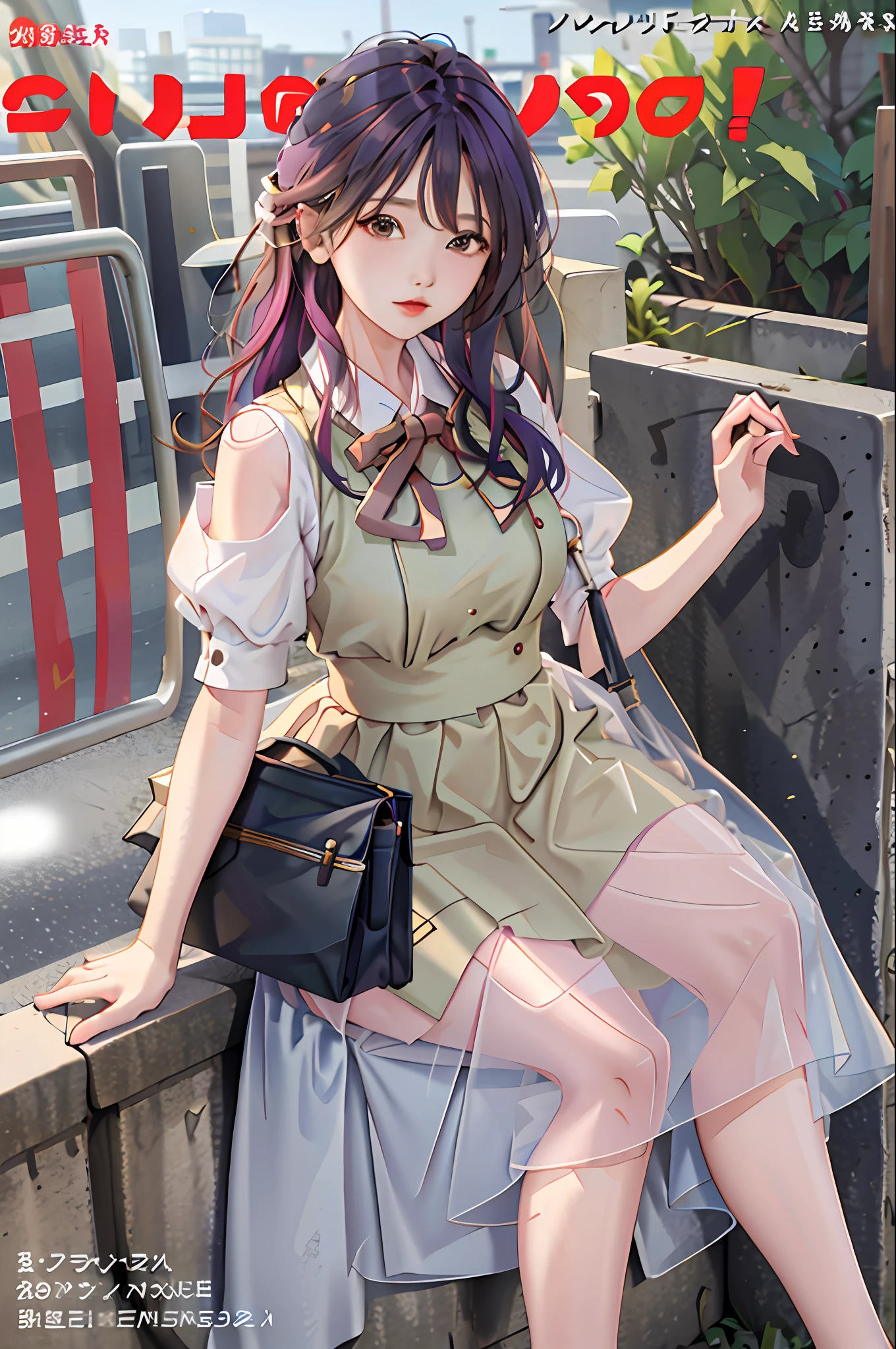 Masterpiece, superlative, spring dress, colored hair, outdoor, magazine cover, short skirt