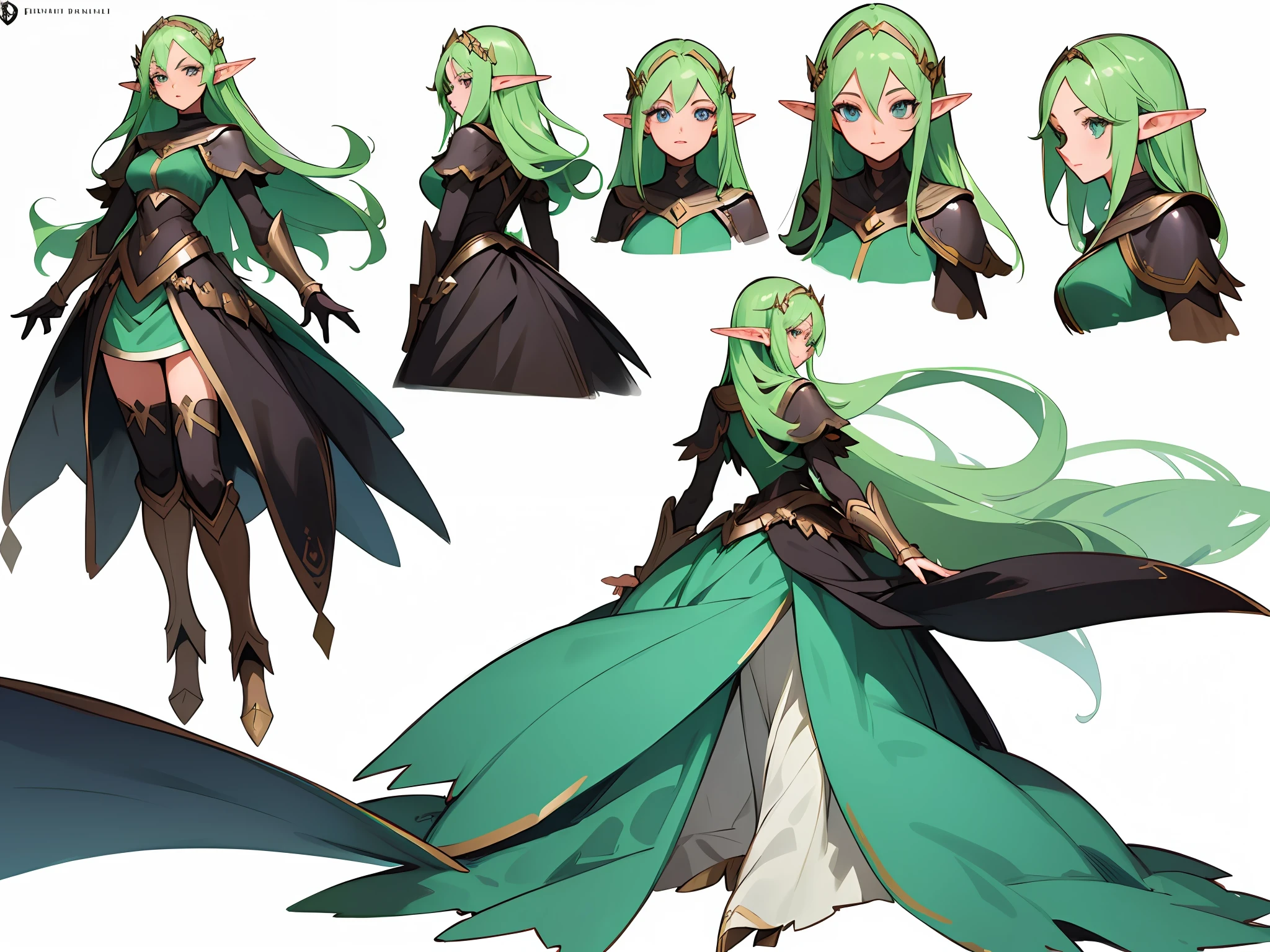 ((masterpiece)),(((best quality))),((character design sheet,same character,front,side,back)),illustration,1 girl,long hair,hair on eyes,beautiful eyes,environment Scene change, pose too, female elf, elf ears, charturnbetalora, (simple background, white background: 1.3)