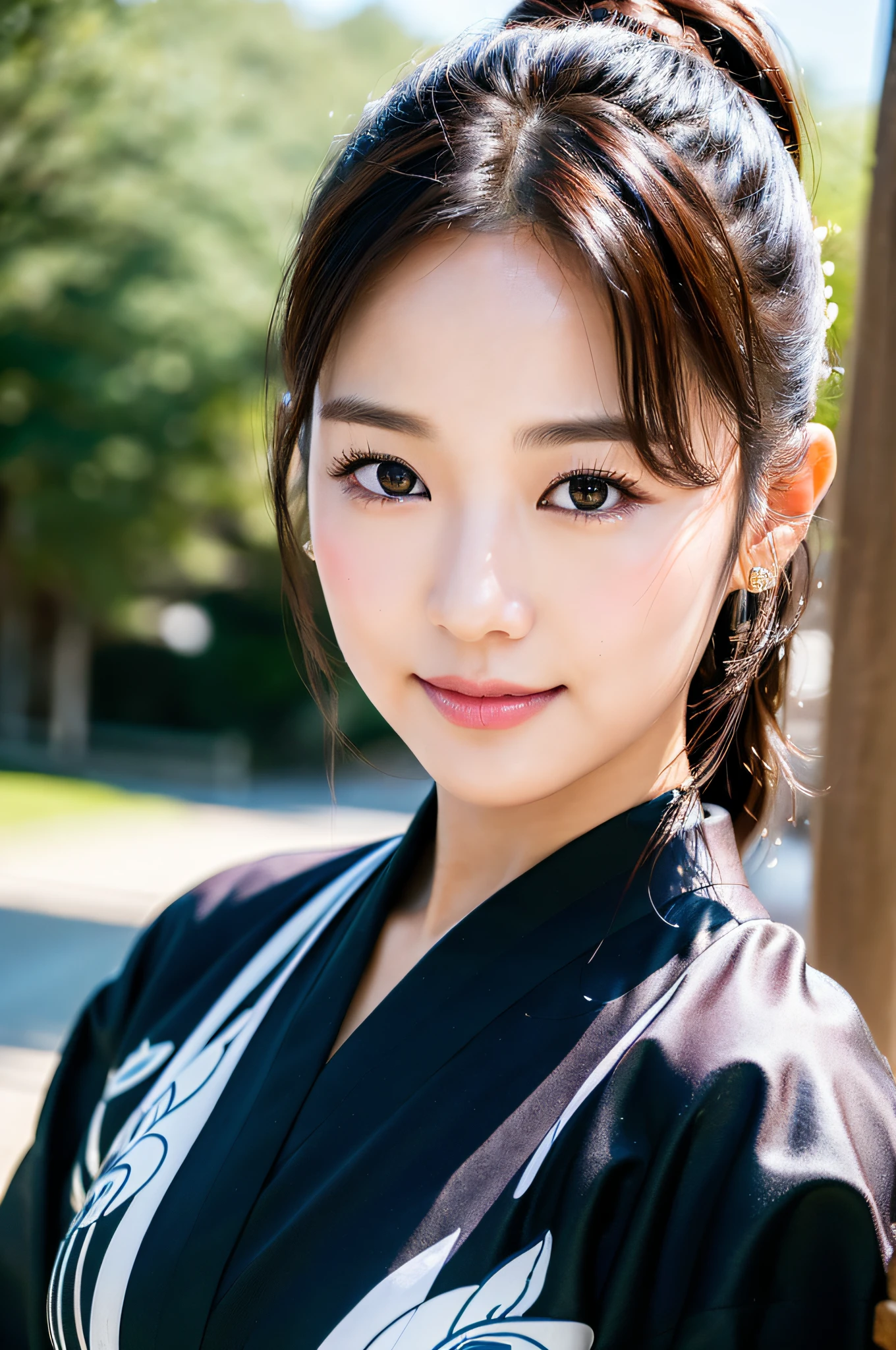 ((Top Quality, 8K, Masterpiece: 1.3)), Sharp Focus: 1.2, (Korean Cute Actress No.1), Realistic Photo (Shiny Skin), Realistic Photo, Black Hair, Wear Kimono, Realistic Pupil, Movie Lighting, Highly Detailed Eyes and Face, Movie Lighting, Smile