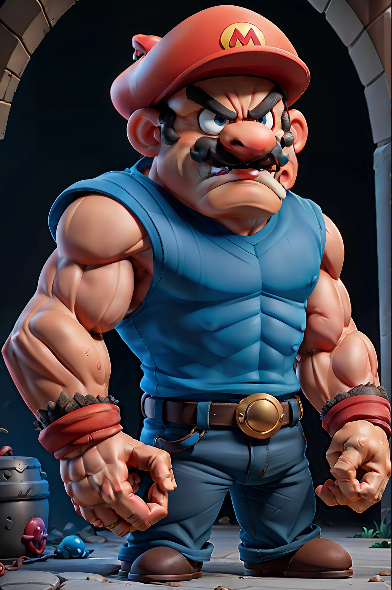 masterpiece, best quality, muscular shirtless angry super mario in the sewer