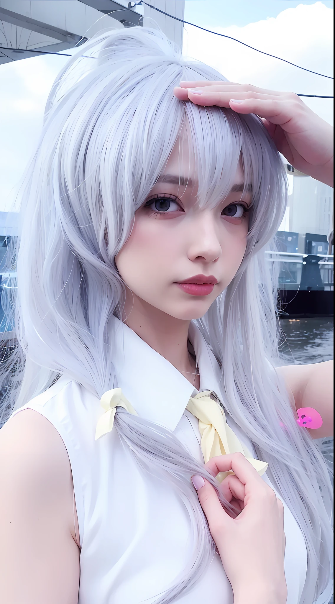 there is a woman with long gray hair posing for a picture, anime girl cosplay, anime girl in real life, girl silver hair, white hime cut hairstyle, anime cosplay, silver hair girl, silver haired, with white long hair, anime inspired, silver hair (ponytail), with long white hair, perfect white haired girl, long white hair and bangs, light gray long hair
