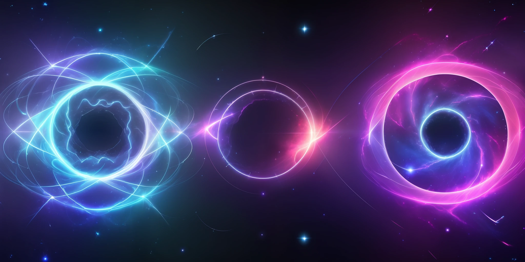 (only two:1.5) glowing twisted rings of astral energy, left and right, connected by many thick electric arcs, particle space background, nebula, amazing wallpaper, above the clouds, quasar, quantum, quarks