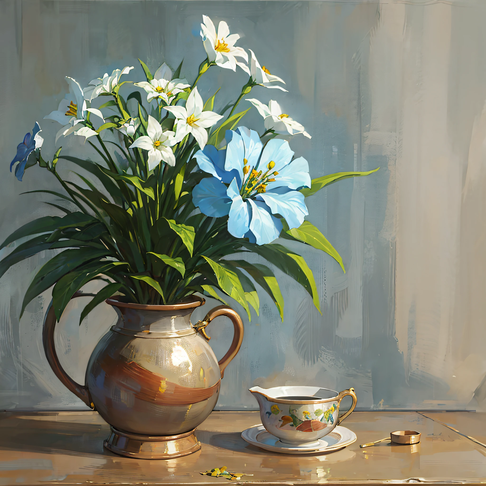 Design a creative oil painting with only a pot of beautiful flowers, Picasso style --auto --s2