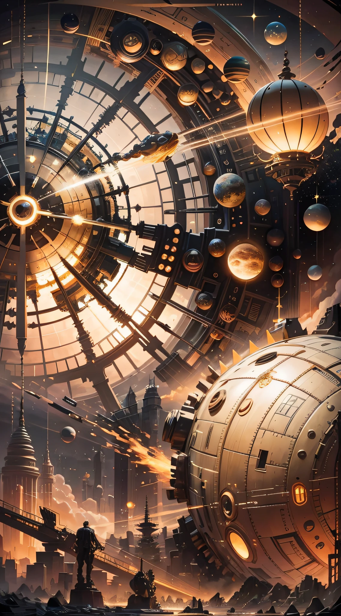 A beautiful illustration of planets and stars, in the style of assemblage of maps, light black and gold, realist: lifelike accuracy, architectural grids, mechanical sculptures, organized chaos, nostalgic imagery --auto --s2