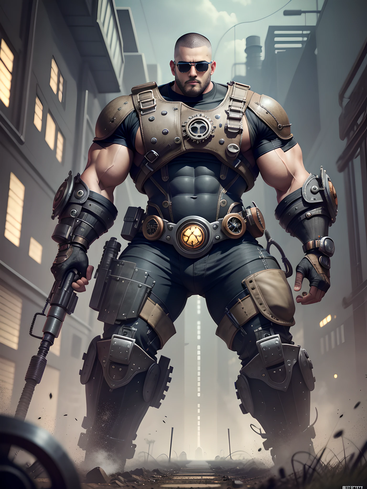 Male in the Heath, tall burly, dark black tights, big muscles, big bumps, Buzz cut, black sunglasses, black military boots, buzz cut, steampunk style, steampunk art, complex mechanical devices such as gears, pipes, valves, (huge industrial building: 1.4), gray theme, retro futurism, crazy details, (Fujiflim XT3), 20 megapixels, detailed, cinematic particles,