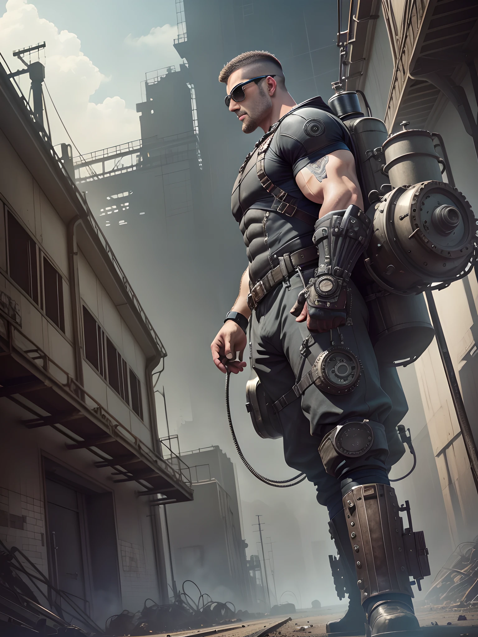 Male in the Heath, tall burly, dark black tights, big muscles, big bumps, Buzz cut, black sunglasses, black military boots, buzz cut, steampunk style, steampunk art, complex mechanical devices such as gears, pipes, valves, (huge industrial building: 1.4), gray theme, retro futurism, crazy details, (Fujiflim XT3), 20 megapixels, detailed, cinematic particles,