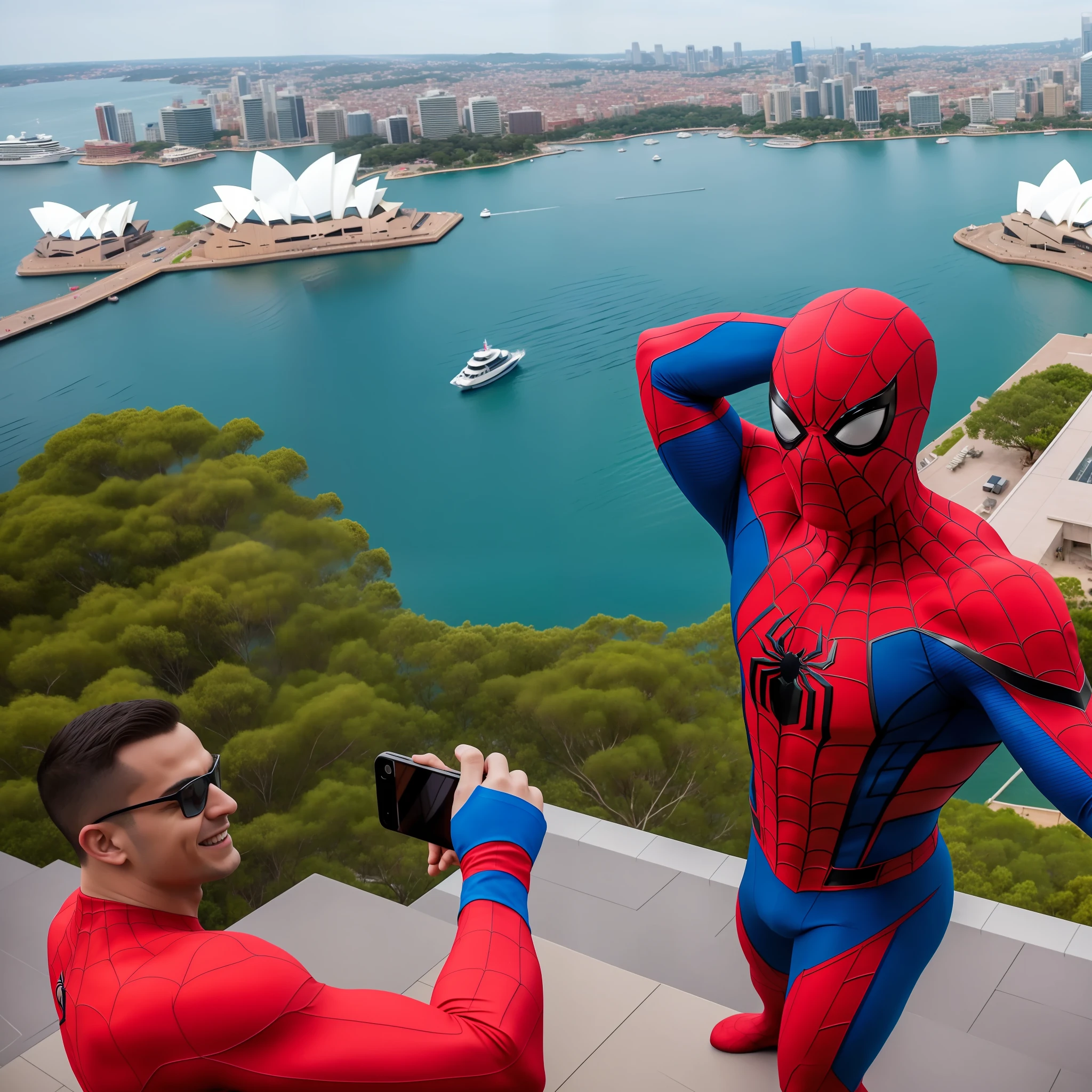 Spider-Man, clad in his vibrant red and blue suit, perches on the edge of the Sydney Opera House, capturing a selfie with the iconic architectural masterpiece, the glistening waters of Sydney Harbour visible in the background, a clear blue sky overhead, onlookers amazed by the superhero's presence, Realistic photography, using a telephoto lens to capture intricate details, --ar 16:9 --v 5