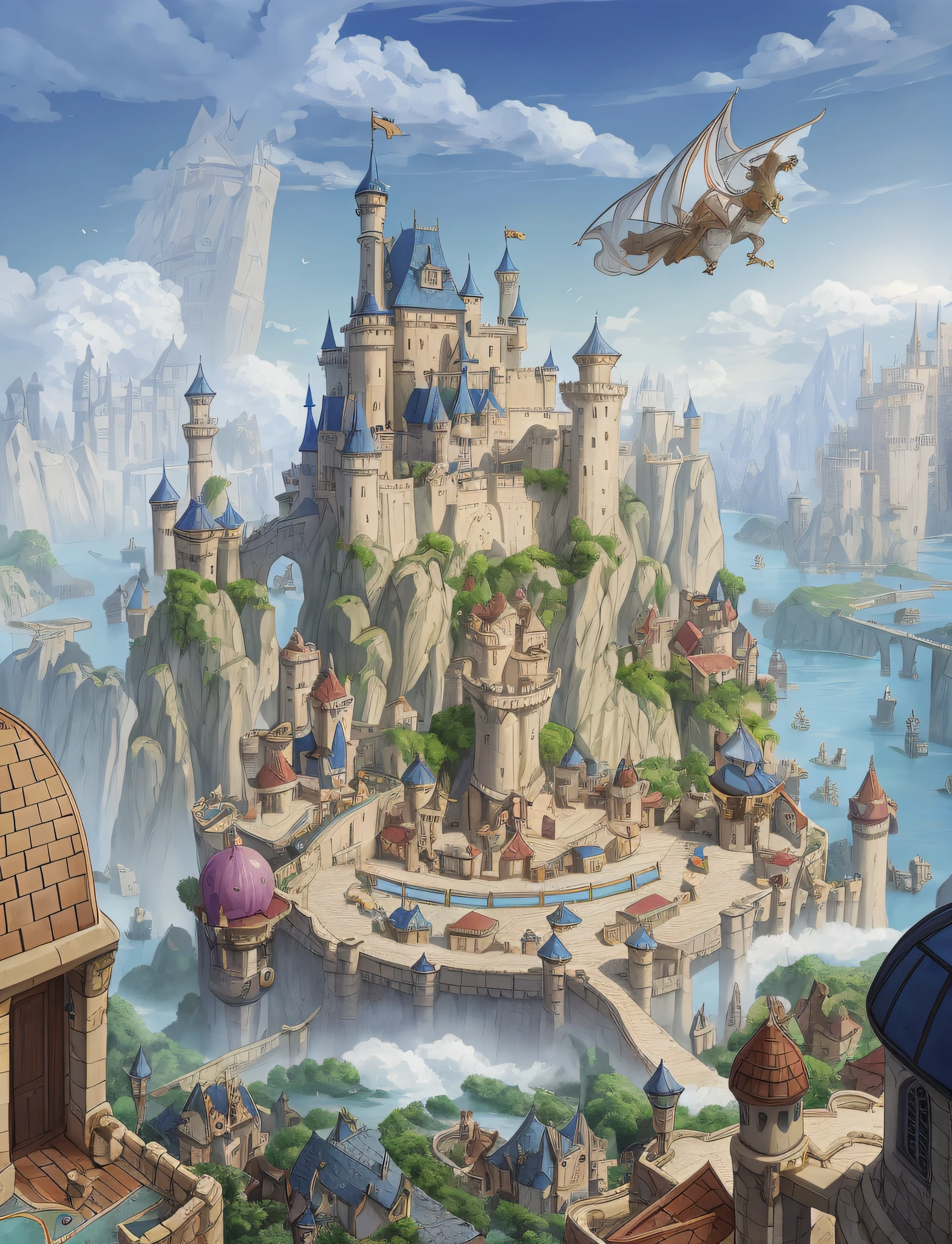there is a castle on a hill with a boat in the water, flying cloud castle, renaissance port city background, medeival fantasy town, fantasy city background, light kingdom backdrop, a bustling magical town, fantasy world concept, fantasy capital city, epic fantasty card game art, fantasy town, high fantasy castle, castle background, stunning arcanum backdrop