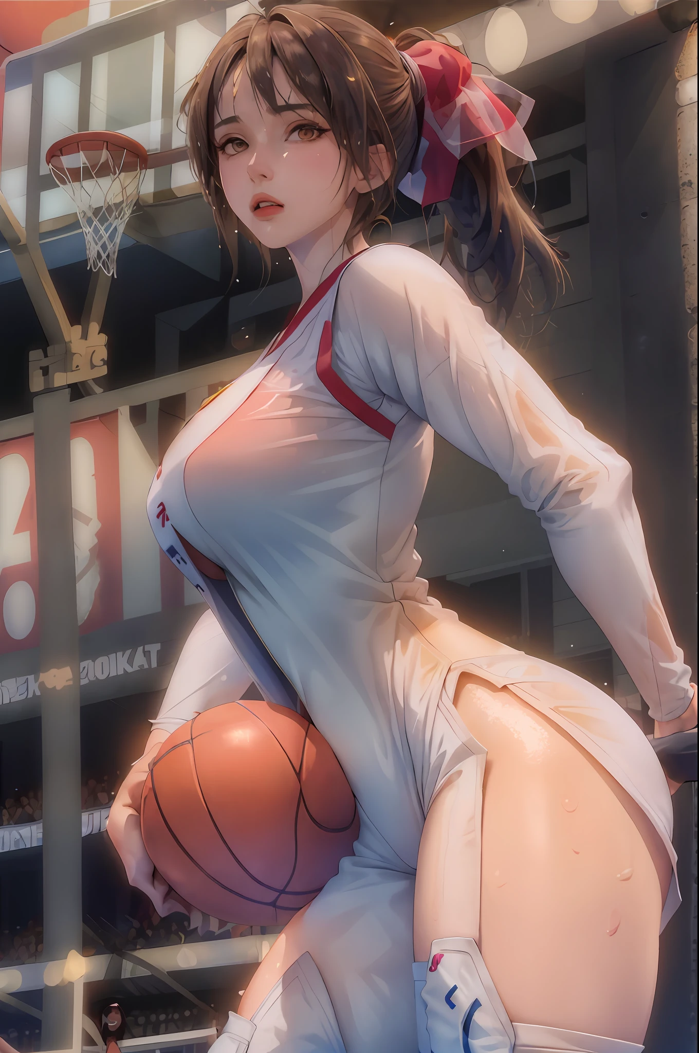 Masterpiece: 1.2, best quality), realistic, (real picture, rich details details, depth of field), (1girl, solo), makeup, cleft lip, high detail, perfect face shape, (big breasts: 1.4), (skindentation), thick thighs, wide buttocks, Thin waist, tall, coral, red lips, red eyes, ponytail, (((((basketball girl, transparent basketball suit)))), (sweat: 1.2), (wet), sexy, blushing, sweaty