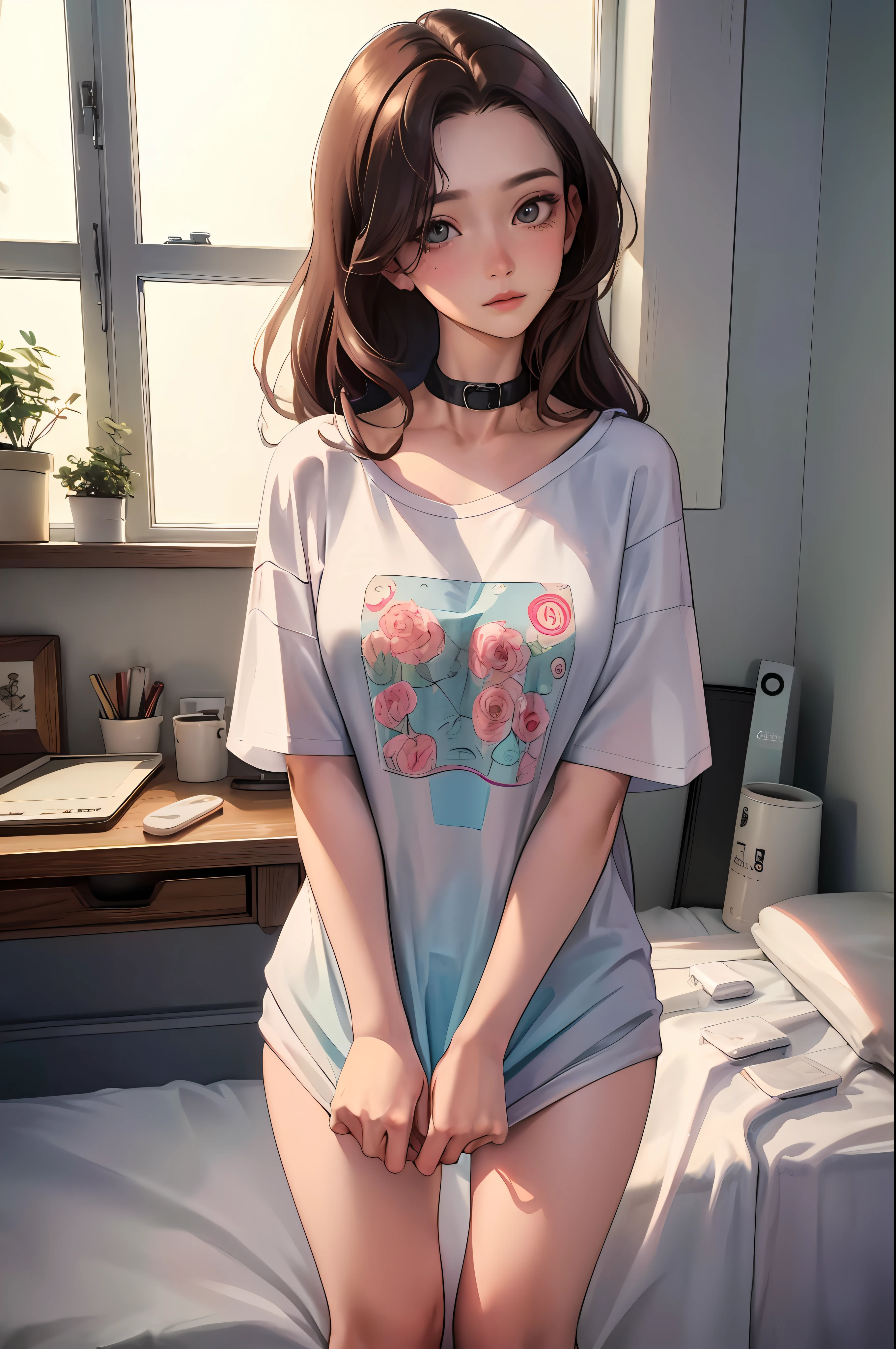 (highest resolution, distinct_image) The best quality, a woman, masterpiece, highly detailed, semi realistic, 21 years old, cute, young, beautiful, naked oversized t-shirt, shirt tug, collar on neck, indoors, modern bedroom, window, waking up, morning, blushing