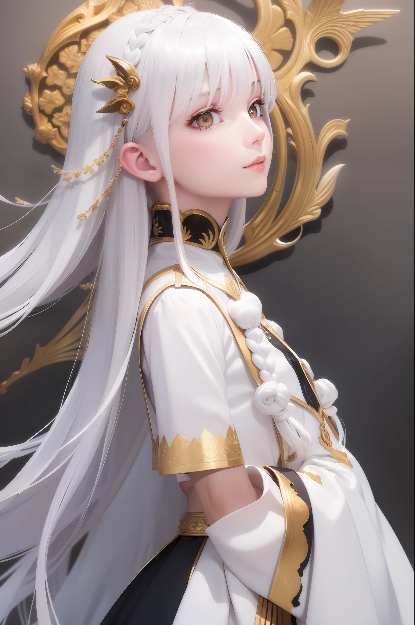 Excellent, masterpiece, white hair, golden eyes, white clothes, looking up, upper body, hair, fair skin, side braids, f 1.8