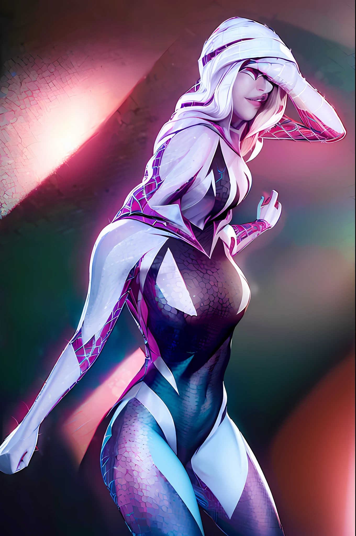 ((Ultra photorealistic raytracing)) (realistic lighting) Ghost Spider, Gwen in a black outfit with spider in the center of her chest in white, big chest, big thighs, sexy, organic looking outfit, gooey forehead, white eyes, stylish pose, masterpiece, PS5 cinematic screenshot, highly detailed cinematic rendering, with cinematic lighting