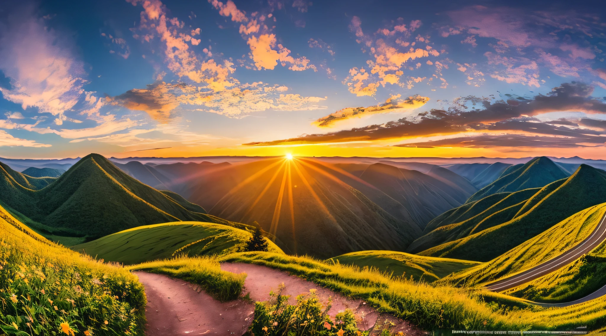 Sunset, sunset, far overlook, realistic, wide-angle lens, night shooting, feature film, nature style, HD shooting