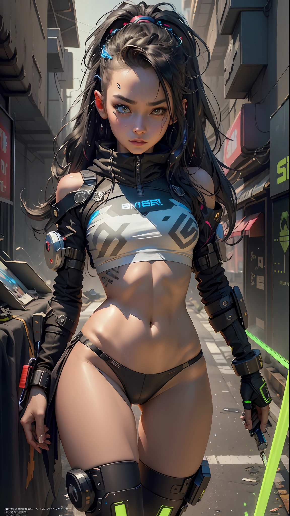 cybernized girl with cyberpunk prosthetics in single underpants, long hair, Spaceship inside, futuristic style, Sci-fi, hyper detailed, laser in center, laser from the sky, energy clots, photorealism, hyper realism, acceleration, light flash, speed, painting, 8K, HD, super resolution , Cinematic, Long Exposure, 8K, HD, Super-Resolution, Laser