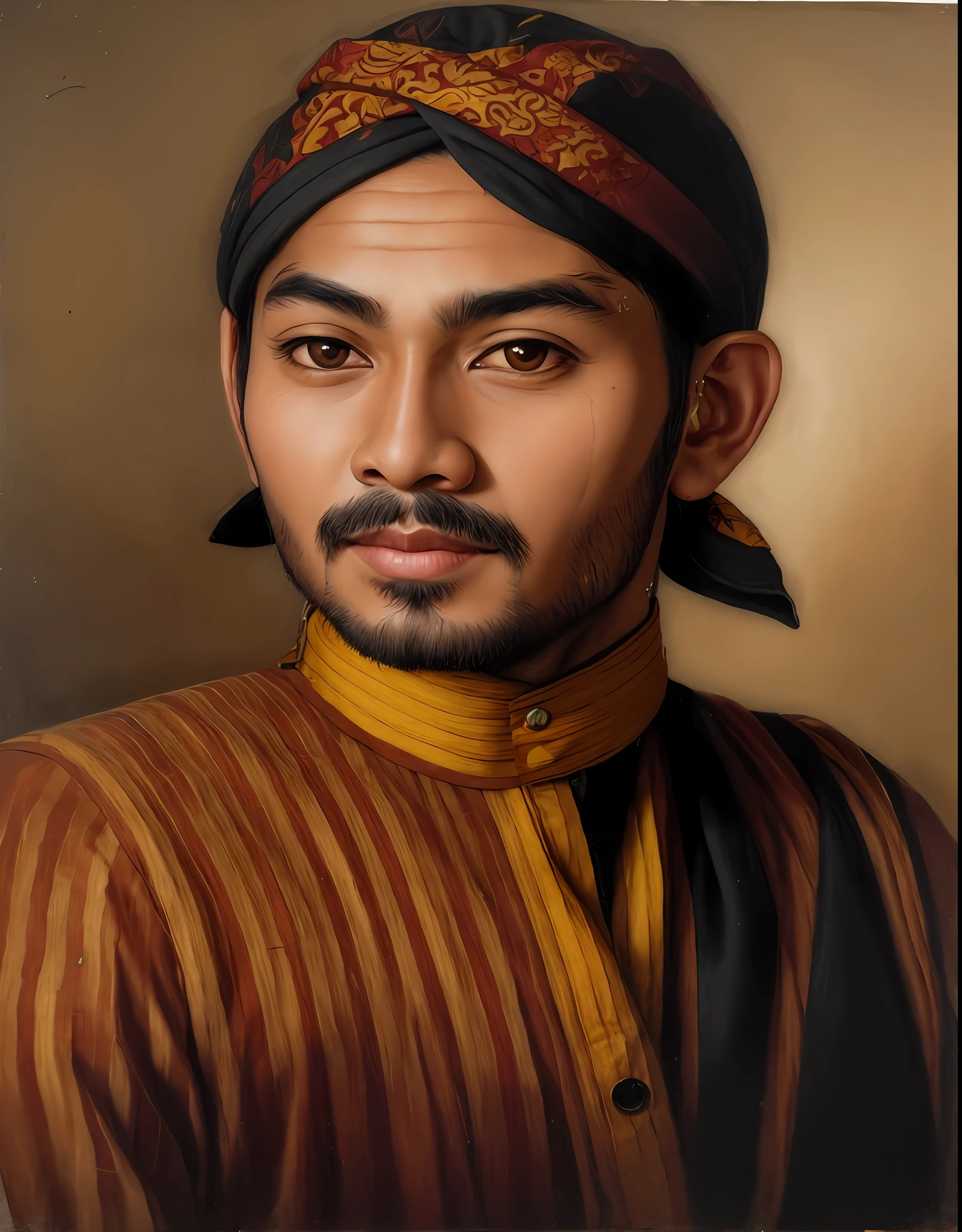 Realistic portrait of a handsome man wearing batik and blangkon, beautiful eyes, 30 years old, photorealistic, Indonesia face, raden saleh