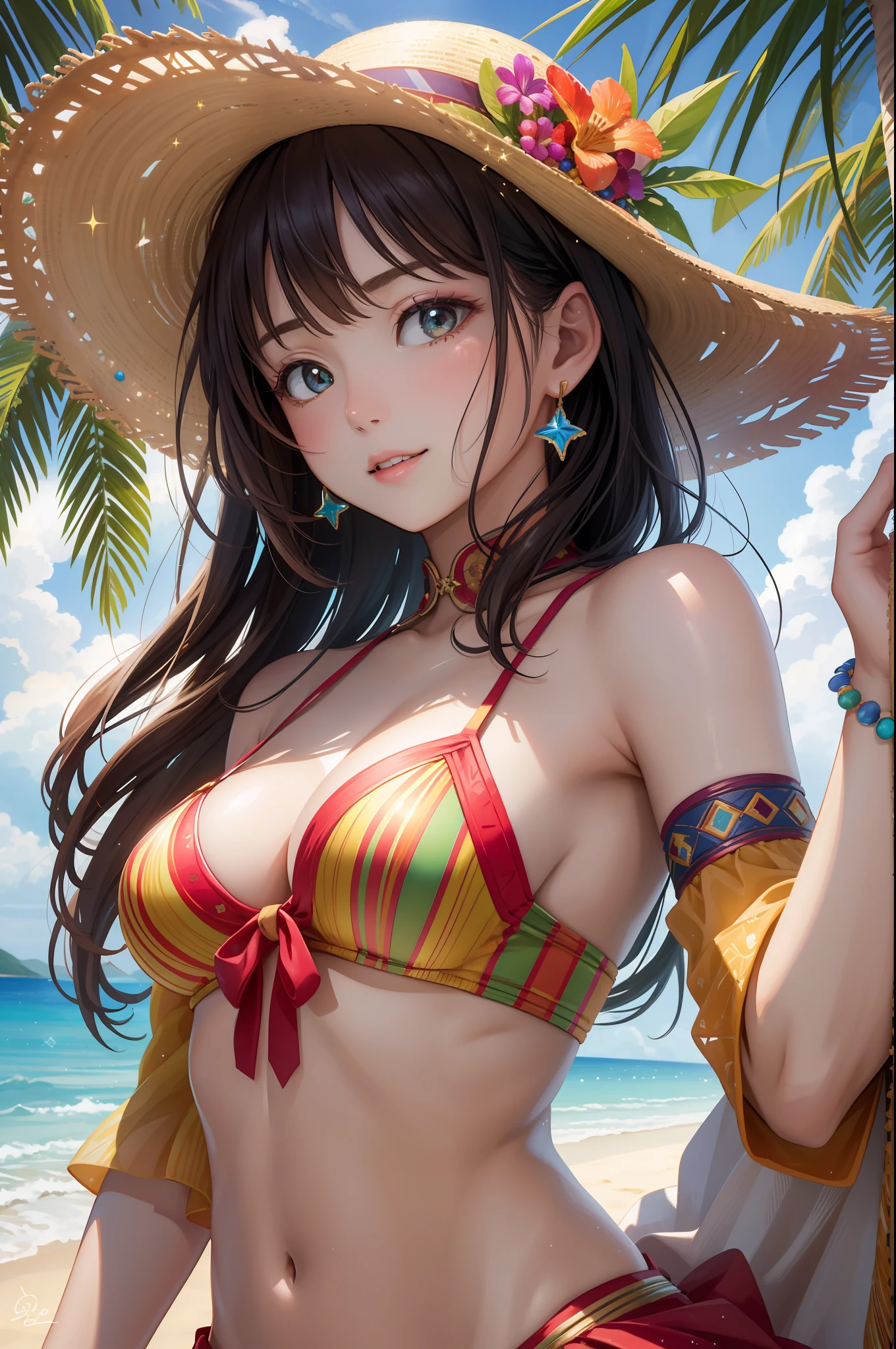 1girl,colorful,(high quality, ultra-detailed, 8k),portrait, 1girl, watermelon ice pop, fruit salad, (summer vibes/sunny atmosphere), bright color grading, tropical background, detailed, soft lines, palm trees, ocean, sand, refreshing, a moment of bliss.beach, sand, starfish, seashells, pool, foreground items, cinematic lighting, cowboy shot, , fantasy background, dynamic angle, soft cinematic light, elegant, highly detailed, faded, hires, backlighting, face focus, sparkle,