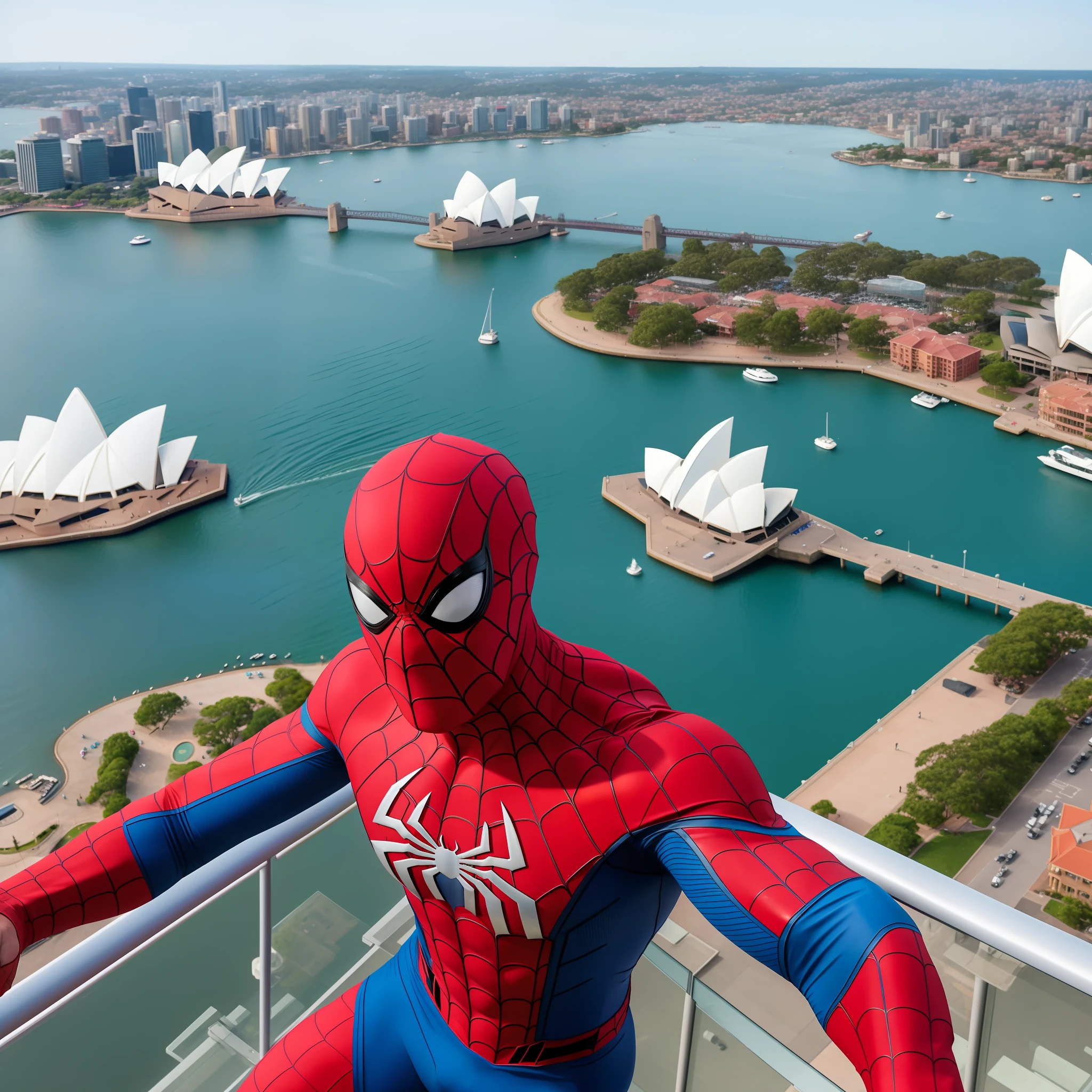 Spider-Man, clad in his vibrant red and blue suit, perches on the edge of the Sydney Opera House, capturing a selfie with the iconic architectural masterpiece, the glistening waters of Sydney Harbour visible in the background, a clear blue sky overhead, onlookers amazed by the superhero's presence, Realistic photography, using a telephoto lens to capture intricate details, --ar 16:9 --v 5