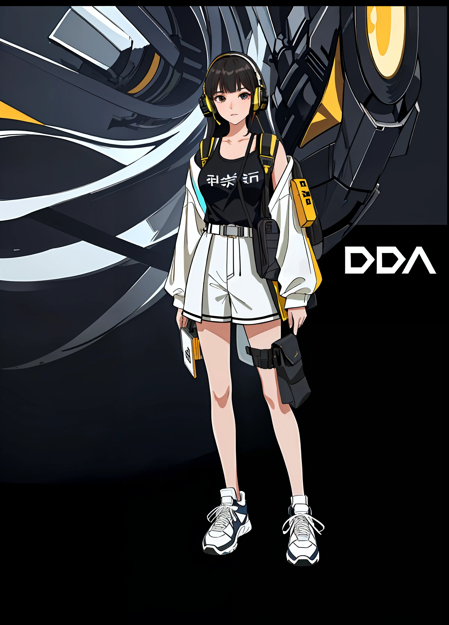 girl, vertical painting, natural light, global light, front view, fashion, pattern, clothing, headset, zipper, buttons, pattern, logo, pleats, belt, sophisticated, generate more details, tan hair, tank top, t-shirt, black shorts, sneakers, black backpack, modern, anime style, anime, modern, futuristic, first-person perspective, panorama, concept art, uhd, masterpiece, ccurate, textured skin, super detail, high detail, high quality, best quality, high resolution, No background, white background