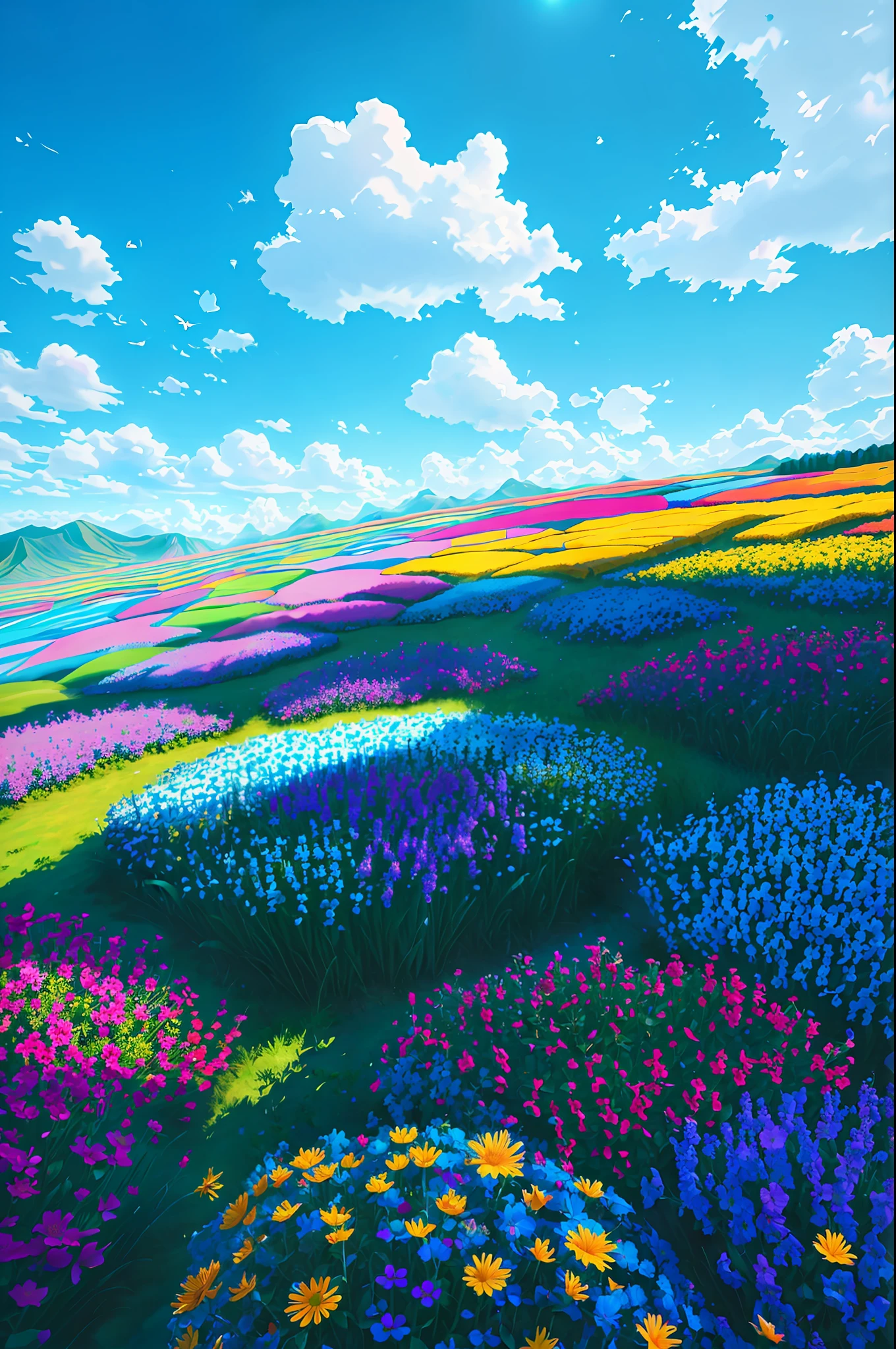 vibrant blue tinted colors, skyscraper, highly saturated colors, Fujifilm Fujichrome Provia 100F film, flower field, purity and dreamy symbolism, (muted colors:1.2), (photon mapping), octane render + hyper realistic, storage, (8k), hdr, sunny,