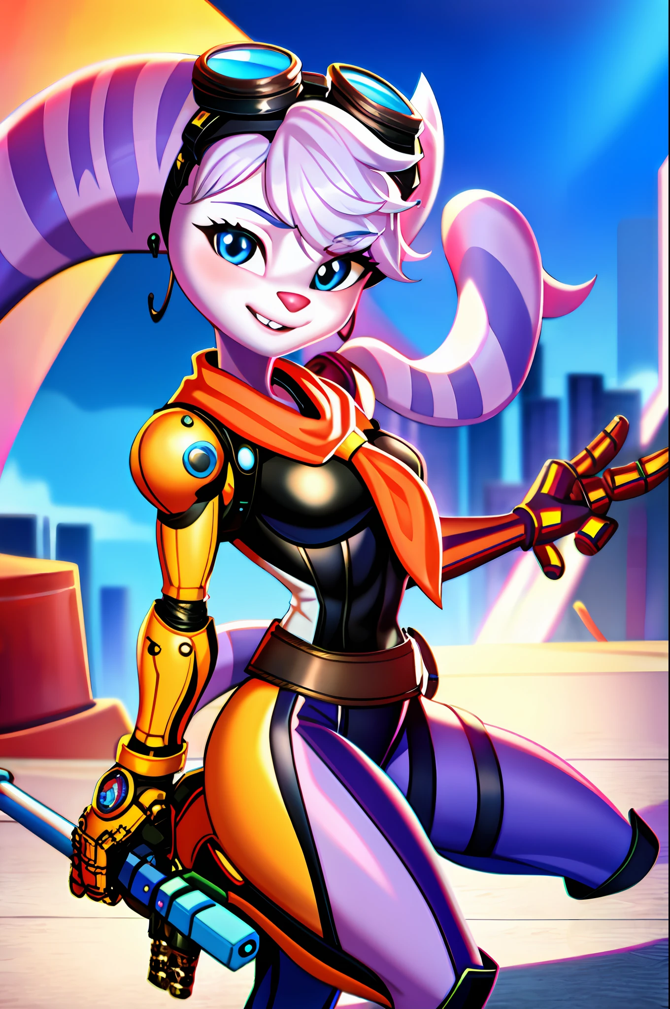 1girl, furry, rivetlombax, blue eyes, animal ears, earrings, goggles on head, bangs, mechanical arms, scarf, bodysuit, belt, tail, city