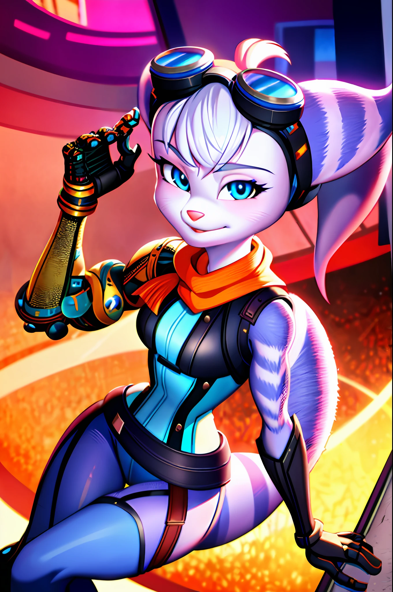 1girl, furry, rivetlombax, blue eyes, animal ears, earrings, goggles on head, bangs, mechanical arms, scarf, bodysuit, belt, tail, city