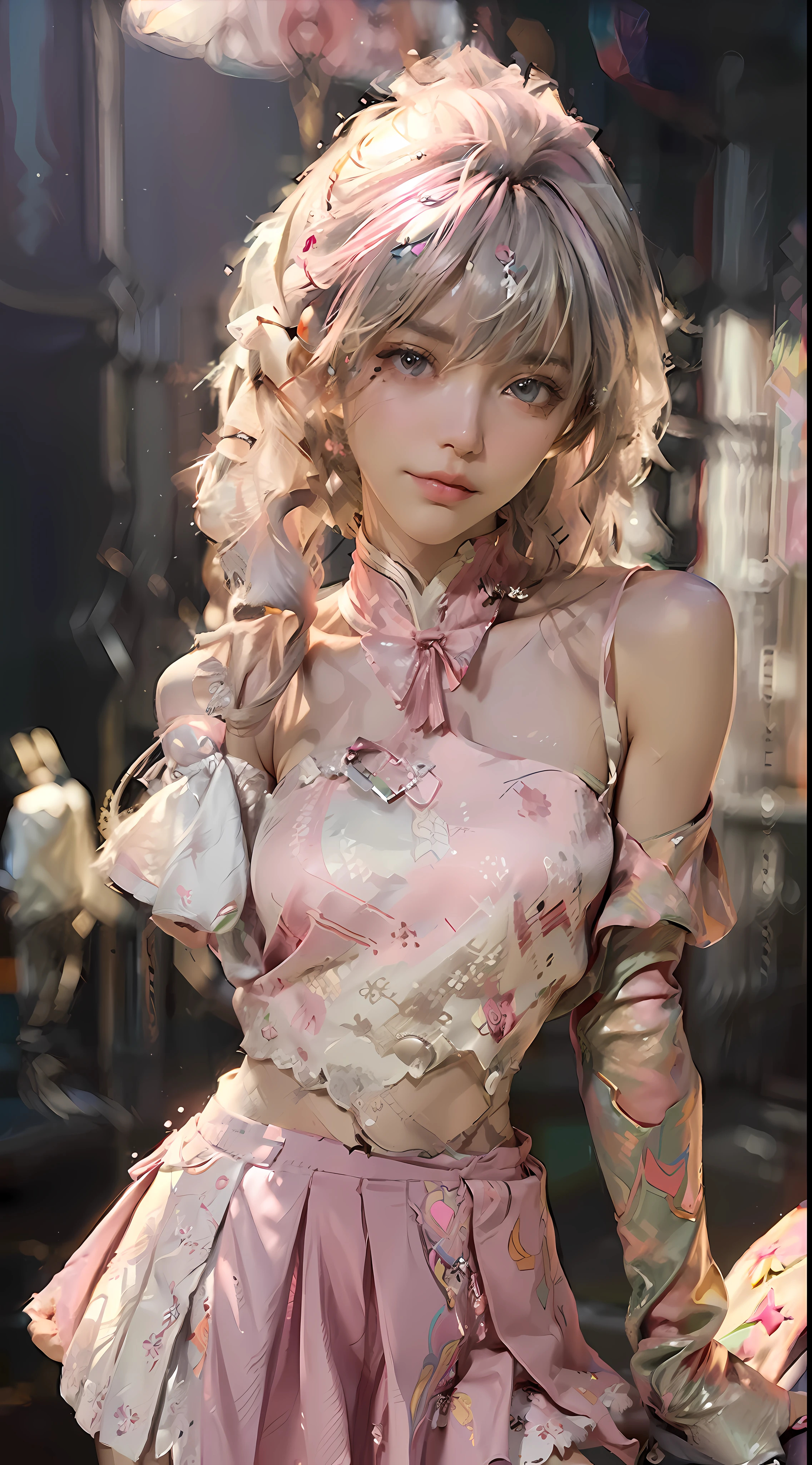 (Best Quality), ((Masterpiece), (Detail: 1.4), 3D, A Beautiful Cyberpunk Woman, HDR (High Dynamic Range), Ray Tracing, NVIDIA RTX, Super-Resolution, Unreal 5, Subsurface Scattering, PBR Textures, Post-Processing, Anisotropic Filtering, Depth of Field, Maximum Sharpness and Clarity, Multi-layer Textures, Albedo and Highlight Maps, Surface Shading, Precise simulation of light-material interactions, perfect proportions, Octane Render, two-color light, large aperture, low ISO, white balance, rule of thirds, 8K RAW, nudity, off-the-shoulder, camisole vest, miniskirt, transparent attire, open waist, miniskirt //, very short, colorful graffiti on shoulders, pleated skirt, jk short skirt long legs, lace trim, tulle textured clothes. Pink cute, pink tender, delicate expression