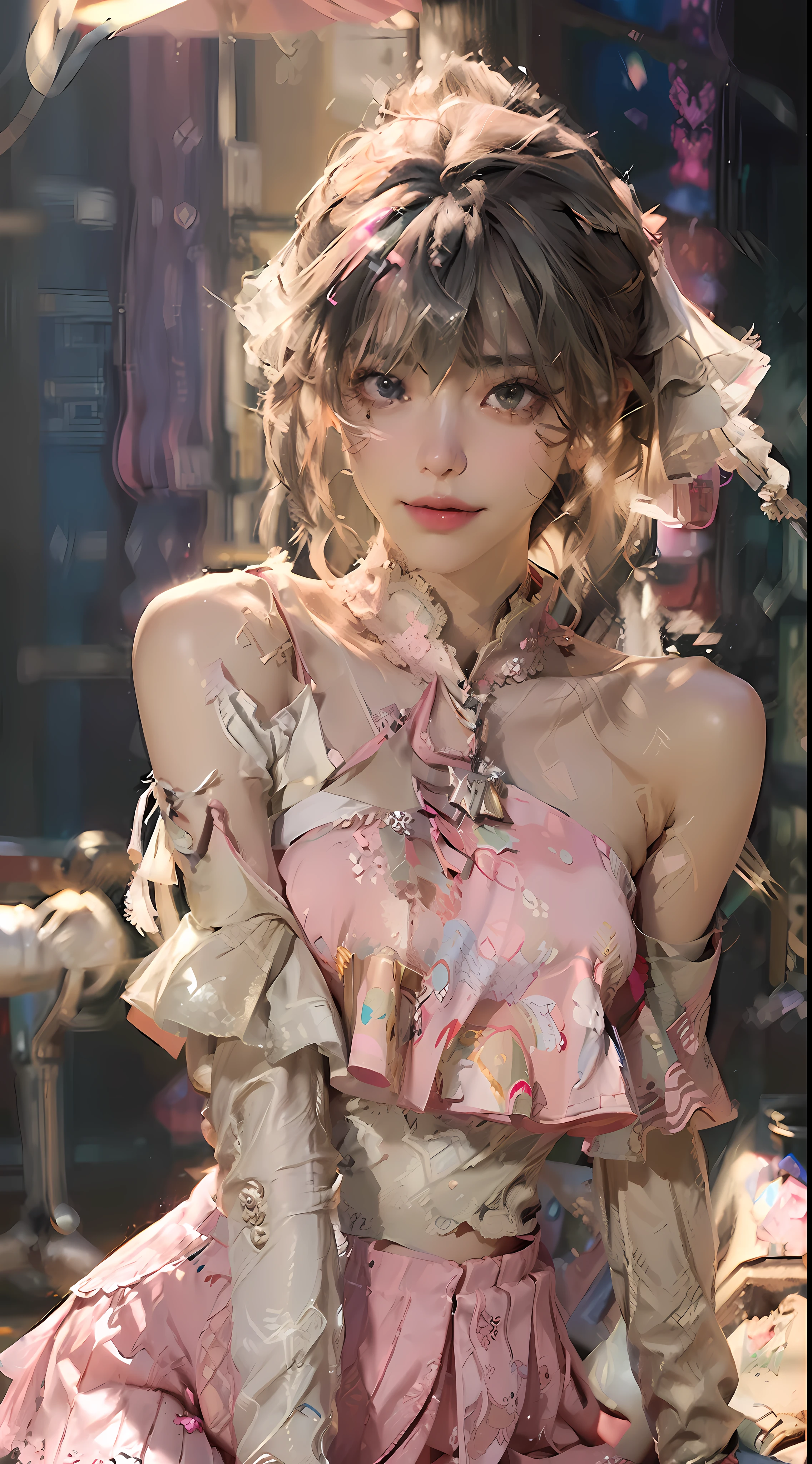 (Best Quality), ((Masterpiece), (Detail: 1.4), 3D, A Beautiful Cyberpunk Woman, HDR (High Dynamic Range), Ray Tracing, NVIDIA RTX, Super-Resolution, Unreal 5, Subsurface Scattering, PBR Textures, Post-Processing, Anisotropic Filtering, Depth of Field, Maximum Sharpness and Clarity, Multi-layer Textures, Albedo and Highlight Maps, Surface Shading, Precise simulation of light-material interactions, perfect proportions, Octane Render, two-color light, large aperture, low ISO, white balance, rule of thirds, 8K RAW, nudity, off-the-shoulder, camisole vest, miniskirt, transparent attire, open waist, miniskirt //, very short, colorful graffiti on shoulders, pleated skirt, jk short skirt long legs, lace trim, tulle textured clothes. Pink cute, pink tender, delicate expression