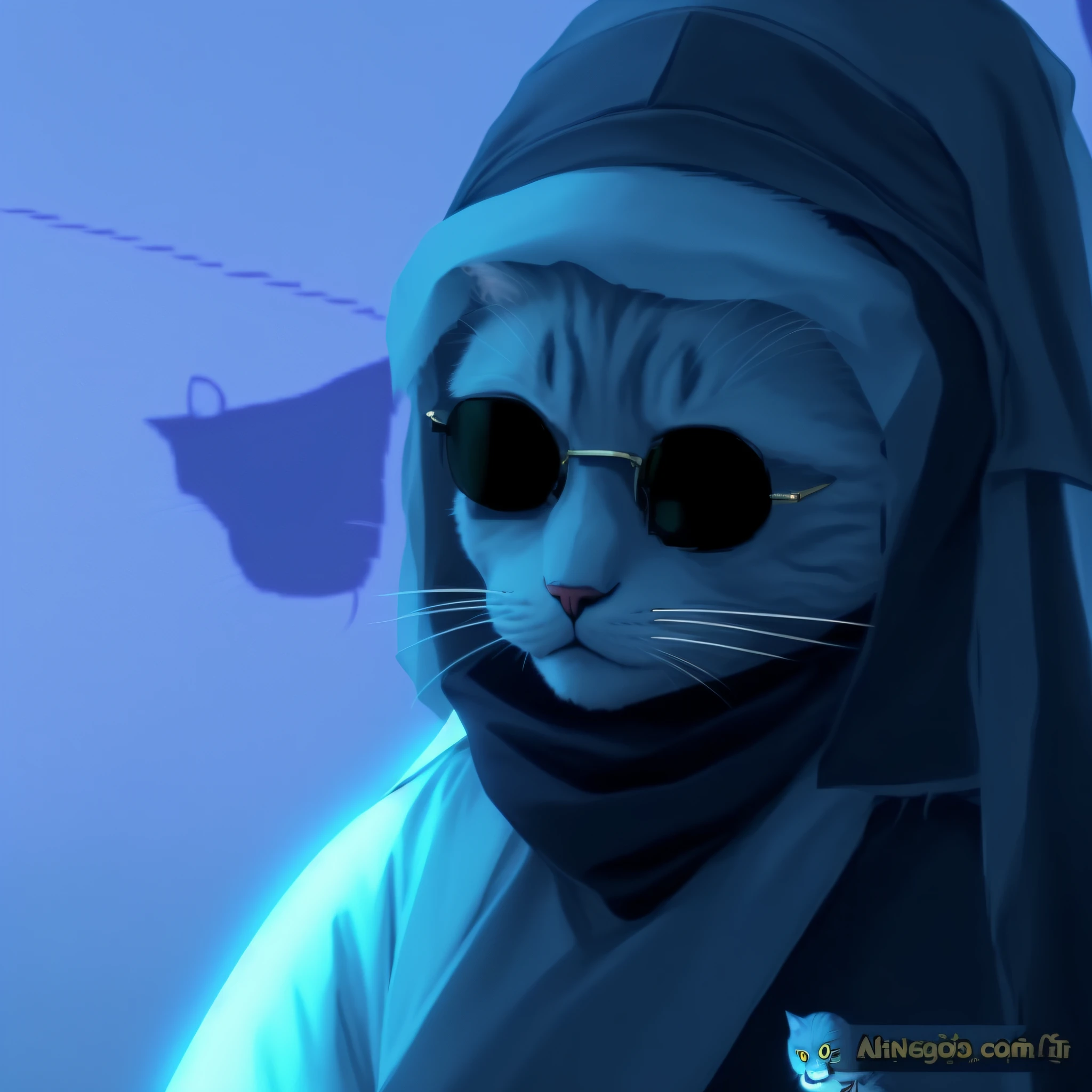 There is a cat with a scarf and sunglasses lying on a couch, looking heckin cool and elegant, nun cat, cat with a pearl earring, nun, dressed as an oracle, intellectual cat, with sunglasses, funny cat, nun's outfit, anthropomorphic cat ninja, in matrix, matrim trinity, wearing nun's clothing.