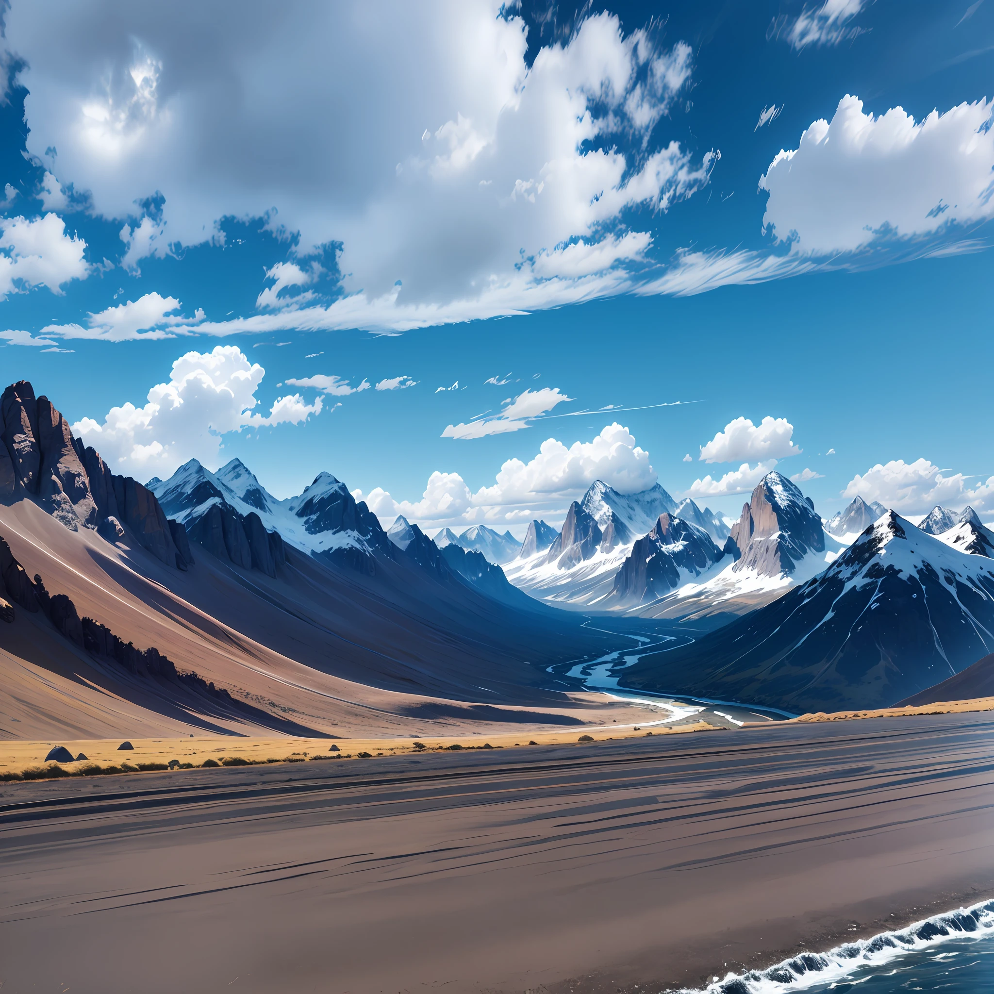 Mountain magnificent, blue sky and white clouds: (Vast Alpine: s1) (Feel the stable atmosphere), (Magnificent mountain: s1), (Flowing stream: S1), lasting and uninterrupted power with symbolic power, (Flat road: S1) --auto --s2