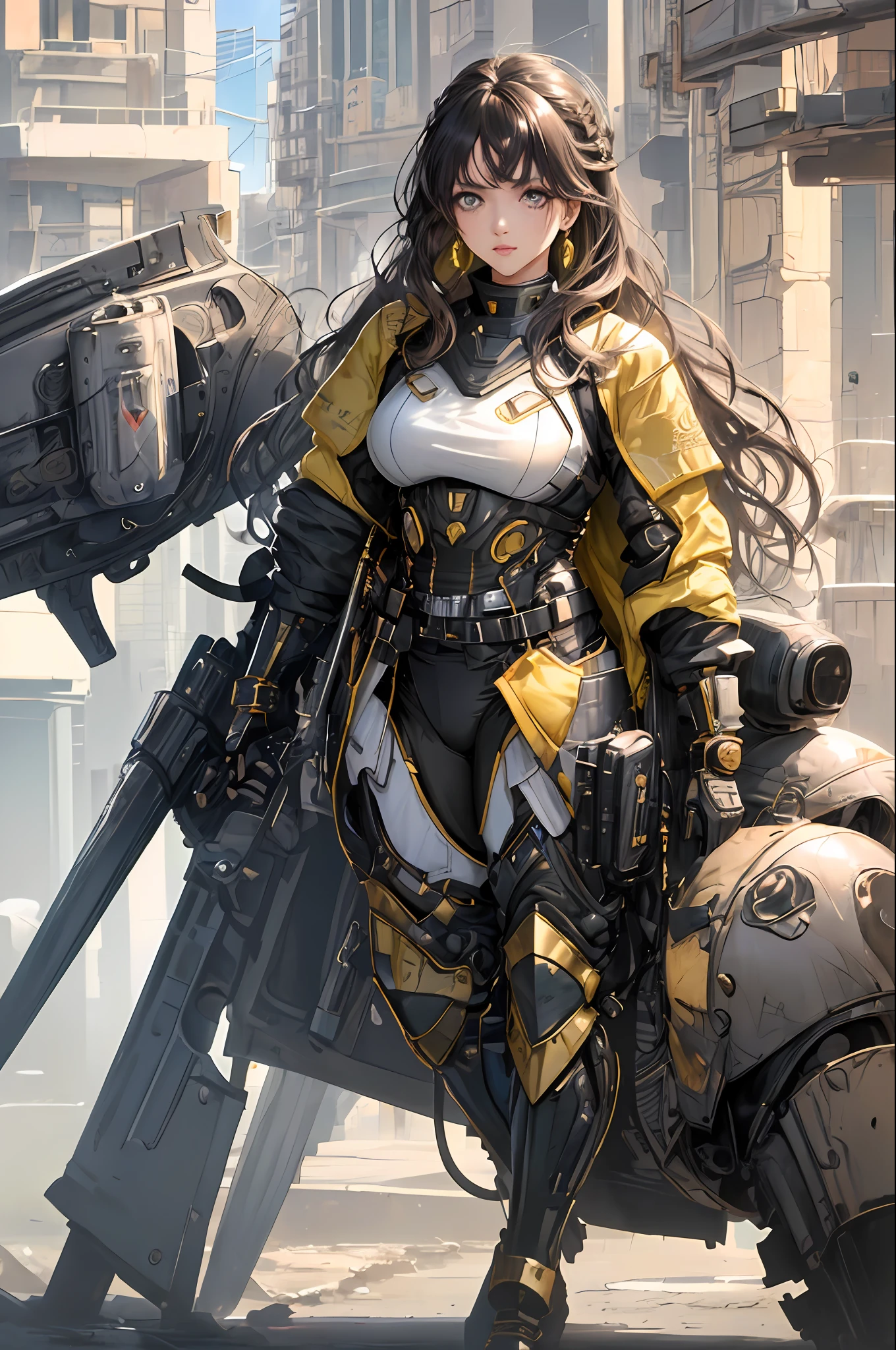 (1girl:1.3), looking at viewer, (exoskeleton suit, Maven, Average Height, Toned, Round Face, Olive Skin, Brunette Hair, Blue Eyes, Wide Nose, Full Lips, Receding Chin, Long Hair, Straight Hair, Wavy Updo, soft breasts, Threader earrings, golden, matte lipstick, Dystopian metropolis),(masterpiece, best quality, detailed shiny skin:1.2), flawless, 8k, RAW, highres,absurdres,