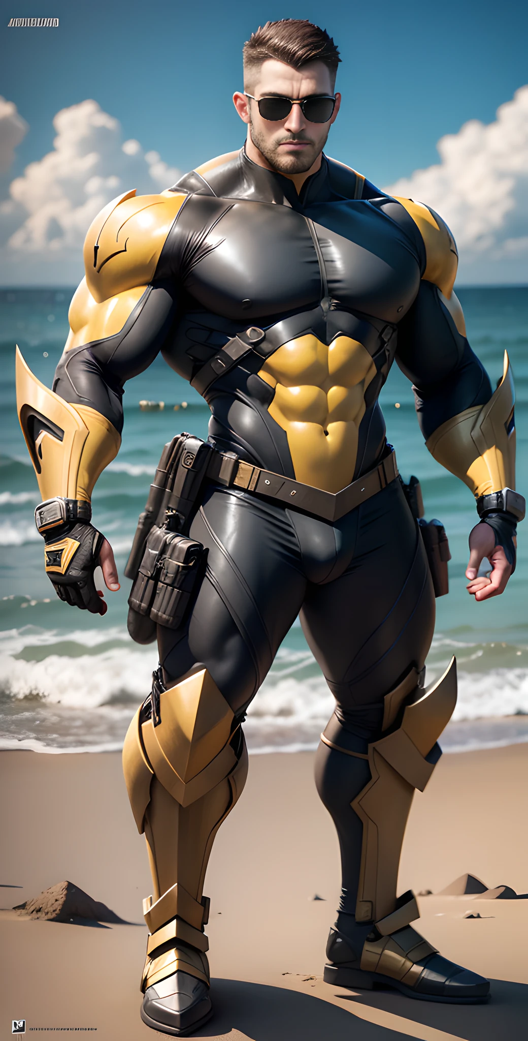 Arad man in yellow and black clothes standing by the sunny sea, muscular male hero, conceptual art like Ernest Khalimov, heroic male pose, muscular! Wearing black sunglasses, round head Buzz Cut, cyberpunk, stealth suit, super buff and cool, high resolution committee, Chris Redfield, Jigachard muscle, Ernest Khalimov body, character design police, black military boots, charismatic strong male with armor