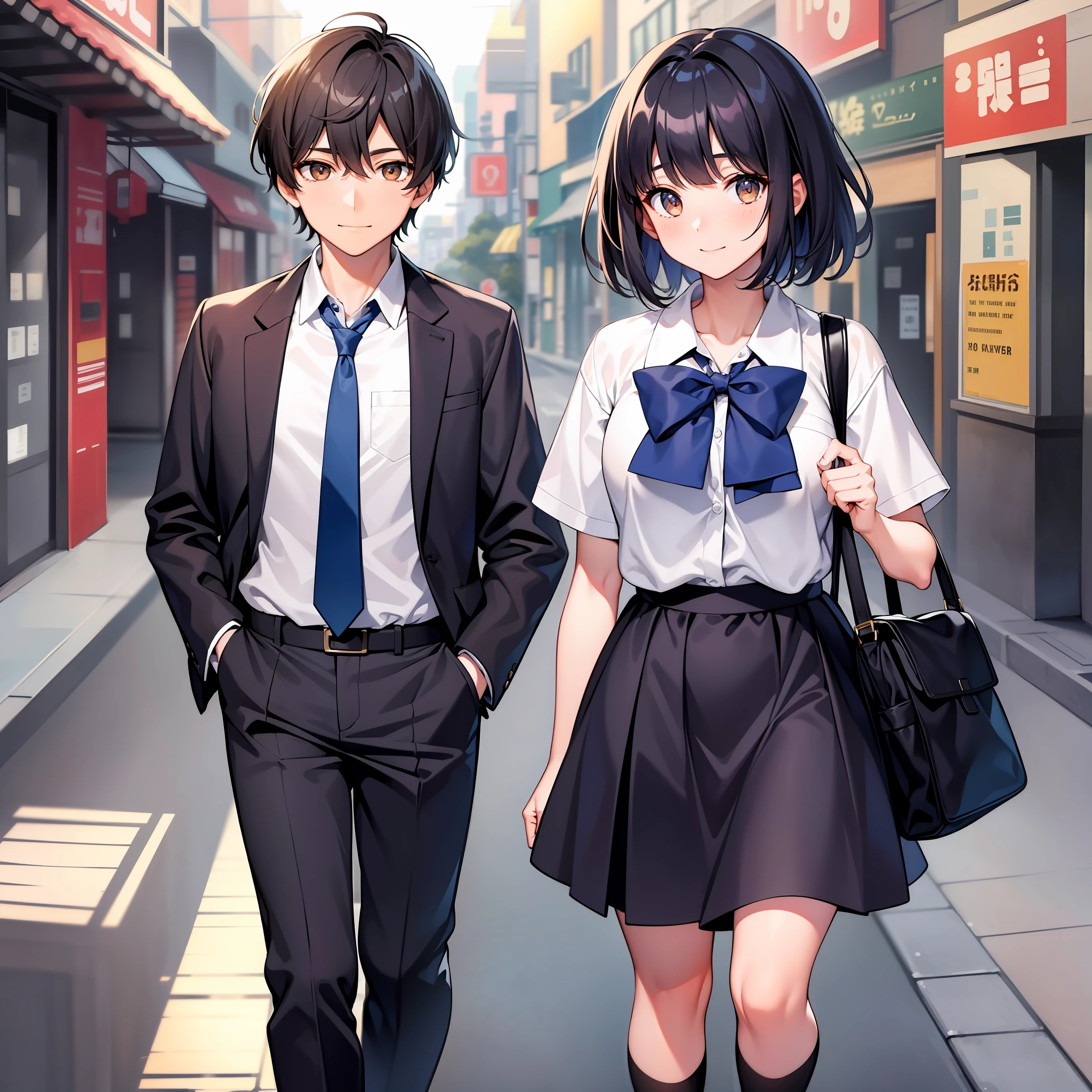 Girl and boy, on the way home, bangs, brown eyes, big and bright eyes, black hair, front view, girl hair between the eyes, girl hair ribbon, girl medium hair, full body, smile, girl up and down dark blue school uniform, two people walking on the sidewalk, boy in dark blue uniform, boy with short hair, drawing in Japan anime style