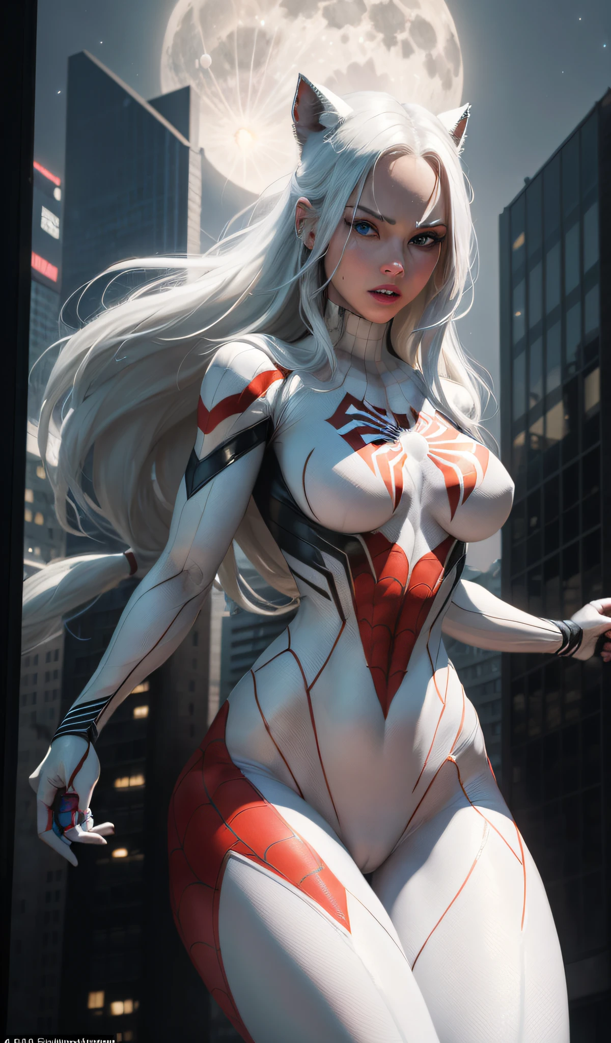 (Masterpiece, 4k resolution, ultra-realistic, very detailed), (White superhero theme, charismatic, there's a girl on top of town, wearing Spider-Man costume, she's a superhero), [ ((25 years), (long white hair:1.2), full body, (blue eyes:1.2), ((Spider-Man pose),show of strength, jumping from one building to another), ((sandy urban environment):0.8)| (cityscape, at night, dynamic lights), (full moon))] # Explanation: The Prompt mainly describes a 4K painting of ultra-high definition, very realistic, very detailed. It shows a superheroine at the top of the city, wearing a Spider-Man costume. The theme in the painting is a white superhero theme, the female protagonist has long white hair, is 25 years old and her entire body is shown in the painting. In terms of portraying the actions of superheroines, spiders are employed