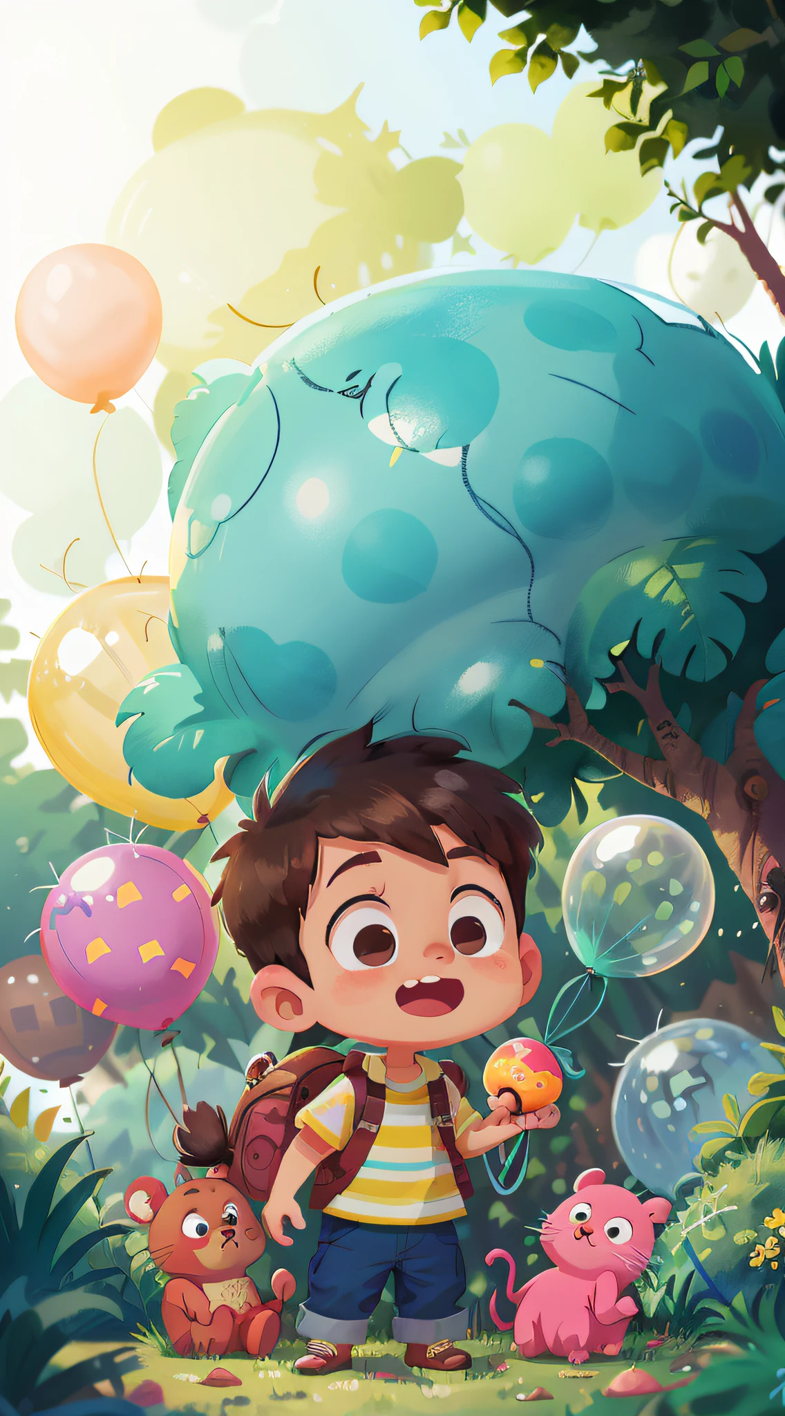 A boy, zoo, many balloons, happy, happy, perfect quality, clear focus (clutter - home: 0.8), (masterpiece: 1.2) (realistic: 1.2) (bokeh) (best quality) (detailed skin: 1.3) (intricate details) (8K) (detail eyes) (sharp focus), (happy)