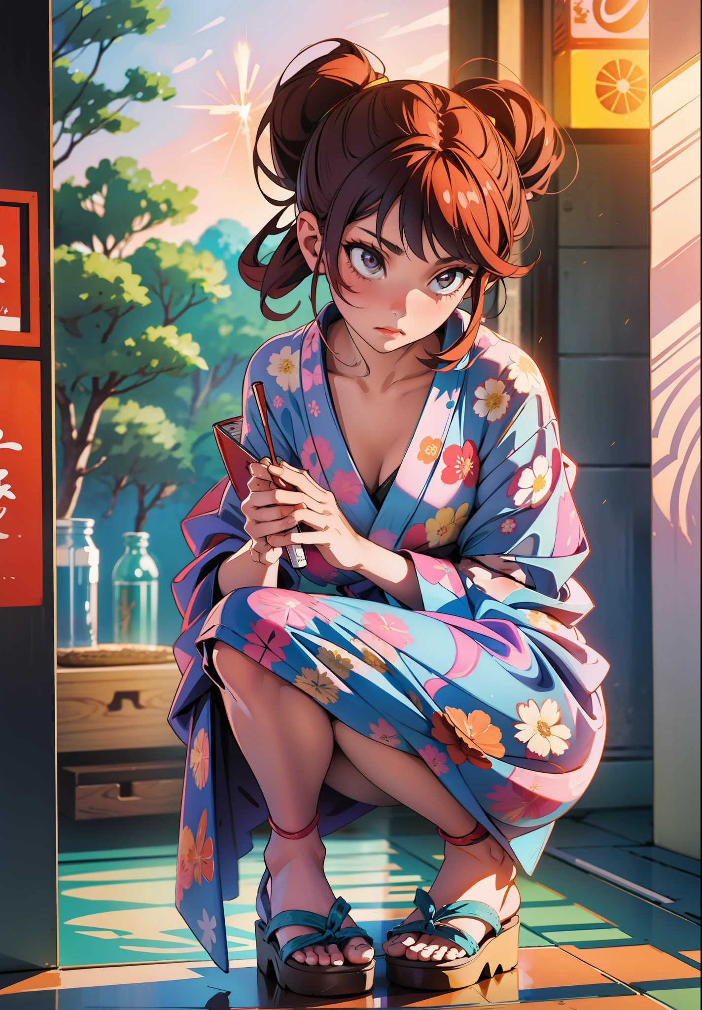 Beautiful girl in yukata is squatting and doing sparklers