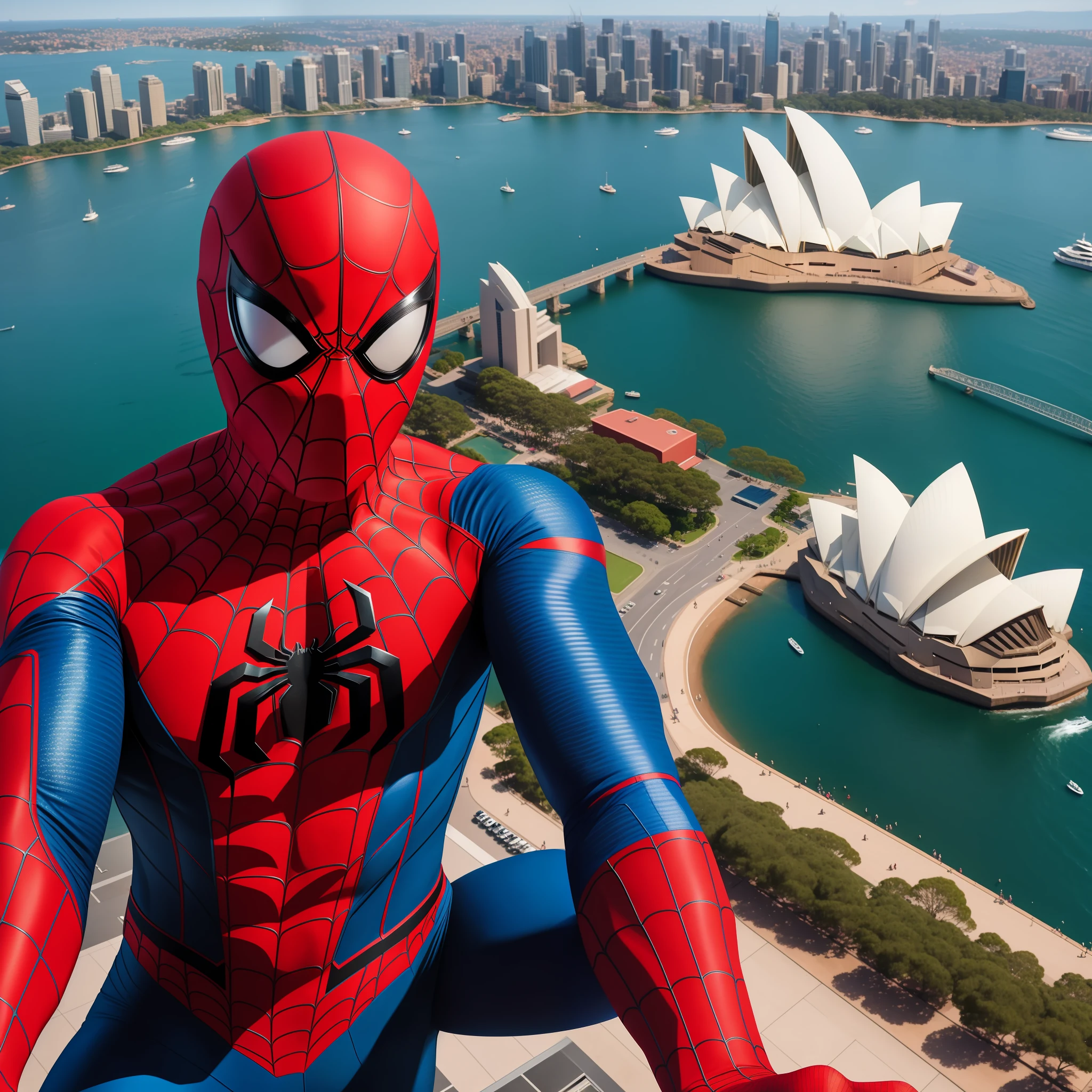 Spider-Man, clad in his vibrant red and blue suit, perches on the edge of the Sydney Opera House, capturing a selfie with the iconic architectural masterpiece, the glistening waters of Sydney Harbour visible in the background, a clear blue sky overhead, onlookers amazed by the superhero's presence, Realistic photography, using a telephoto lens to capture intricate details, --ar 16:9 --v 5