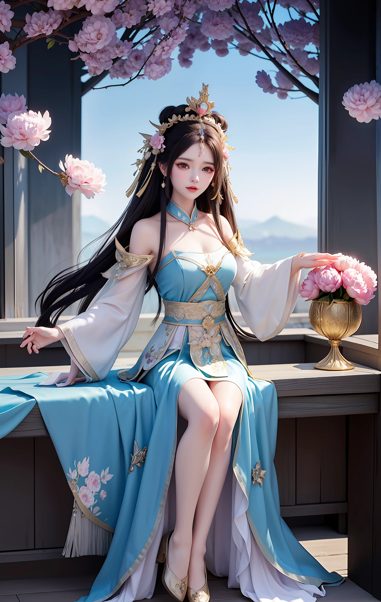 Beauty, fairy fantasy, with rabbit ears on the head, black long hair and long skirt female beautiful girl (((a beautiful fantasy empress)), peony details on the skirt, full body fairy, court, Hanfu girl, inspired by Lan Ying, fairy fantasy, fairy tale, black ze Jinyao, beautiful character painting, surrounded by Le cuckoo