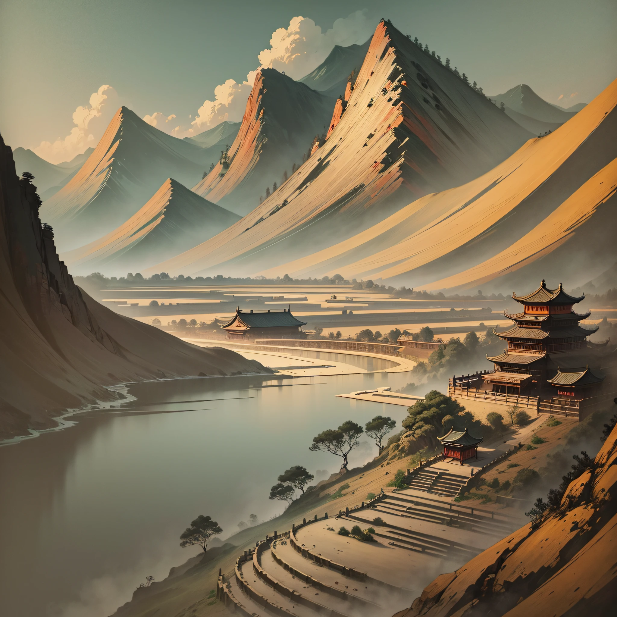 Chinese landscape painting, ink impressions, romanticism, Zhang Daqian, --auto --s2