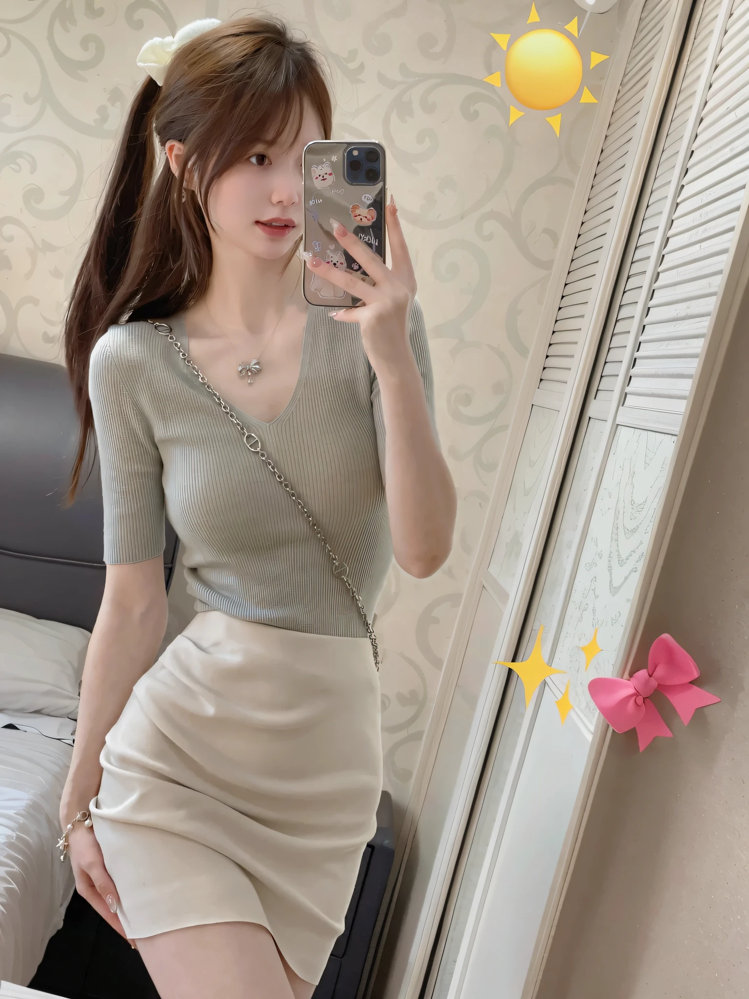 there is a woman taking a selfie in a mirror, 2263539546], 8k)), open v chest clothes, soft cute colors, 1285445247], reluvy5213, wearing tight simple clothes, sha xi, sakimichan, 4 k ], 4k]