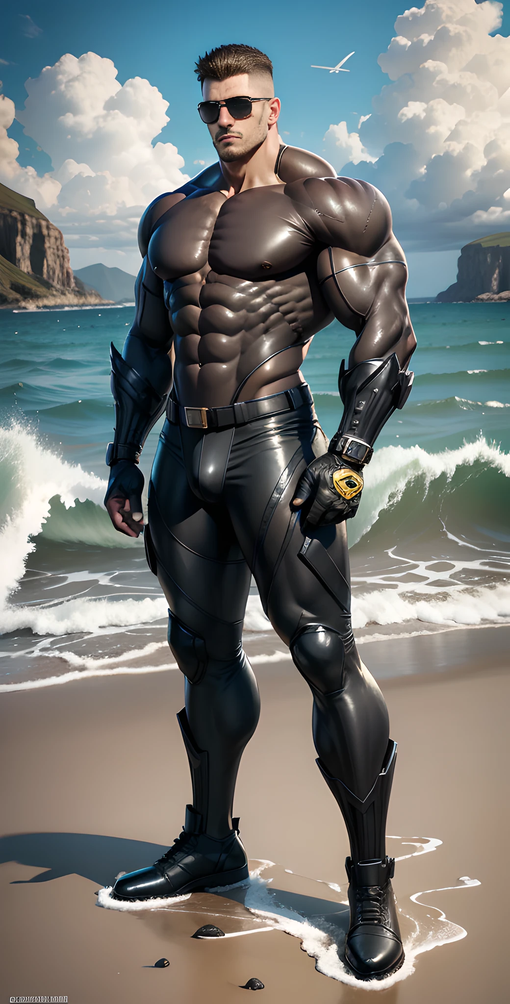 Arad man in yellow and black clothes standing by the sunny sea, muscular male hero, conceptual art like Ernest Khalimov, heroic male pose, muscular! Wearing black sunglasses, round inch head Buzz Cut, cyberpunk, stealth suit, super buff and cool, high resolution committee, Chris Redfield, Jigachard muscle, Ernest Khalimov body, character design police, black military boots, charismatic strong male with tights