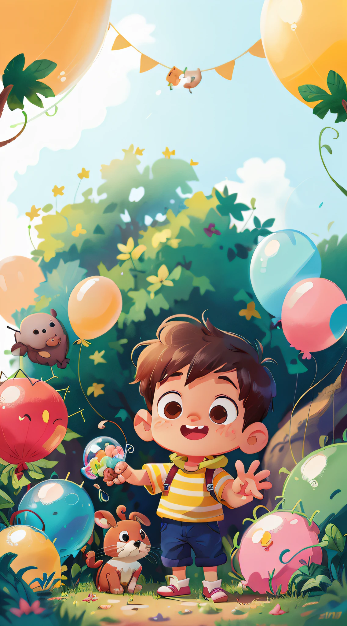 A boy, zoo, many balloons, happy, happy, perfect quality, rabbit, clear focus (clutter-home: 0.8), (masterpiece: 1.2) (realistic: 1.2) (bokeh) (best quality) (detailed skin: 1.3) (intricate details) (8K) (detail eyes) (sharp focus), (happy)