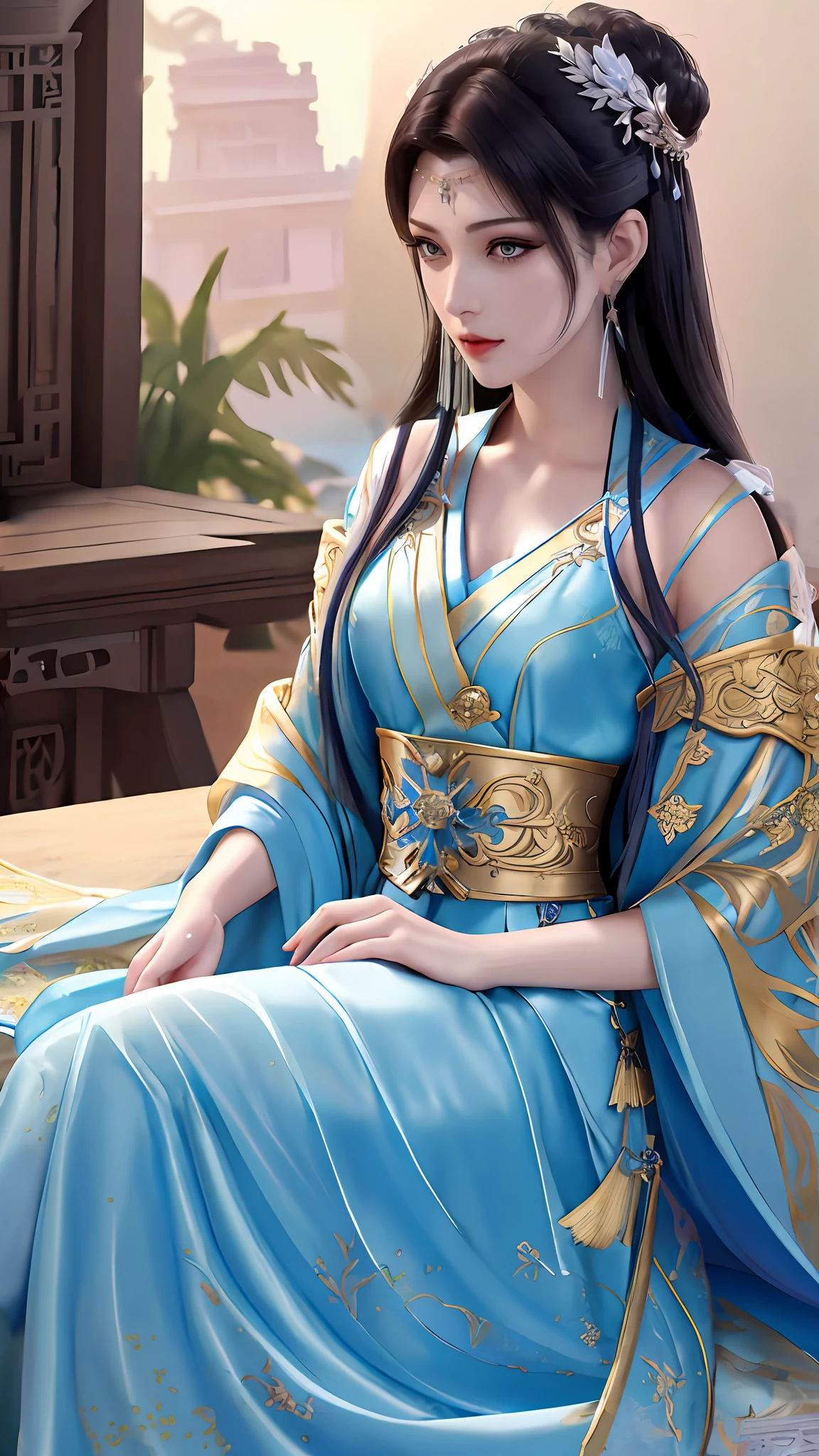 a close up of a woman in a blue dress sitting on a bed, a detailed painting inspired by Lan Ying, trending on cg society, fantasy art, a beautiful fantasy empress, ((a beautiful fantasy empress)), beautiful and elegant elf queen, palace , a girl in hanfu, beautiful elf with ornate robes, 8k)), xianxia fantasy