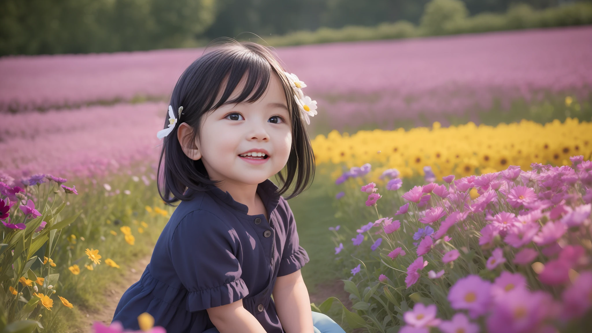 There is a baby sitting in a flower field looking at the camera, a stuffed dog, (black hair, 1.2), (blue eyes, 1.2), wearing a phoenix-patterned top, inheriting flowers on cheeks, excited, laughing expressions, facing the audience standing in the flower field, the girl in the flower, portrait of the girl in the flower field, the light of the movie,
