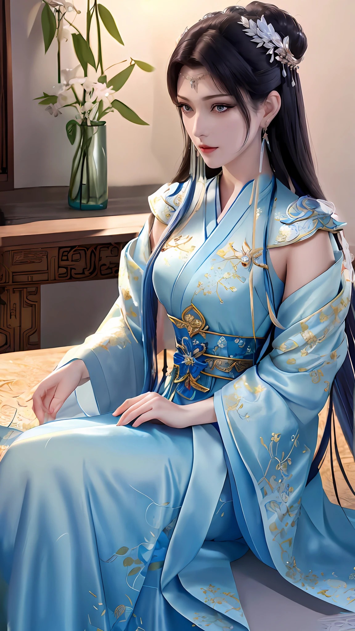 a close up of a woman in a blue dress sitting on a bed, a detailed painting inspired by Lan Ying, trending on cg society, fantasy art, a beautiful fantasy empress, ((a beautiful fantasy empress)), beautiful and elegant elf queen, palace , a girl in hanfu, beautiful elf with ornate robes, 8k)), xianxia fantasy